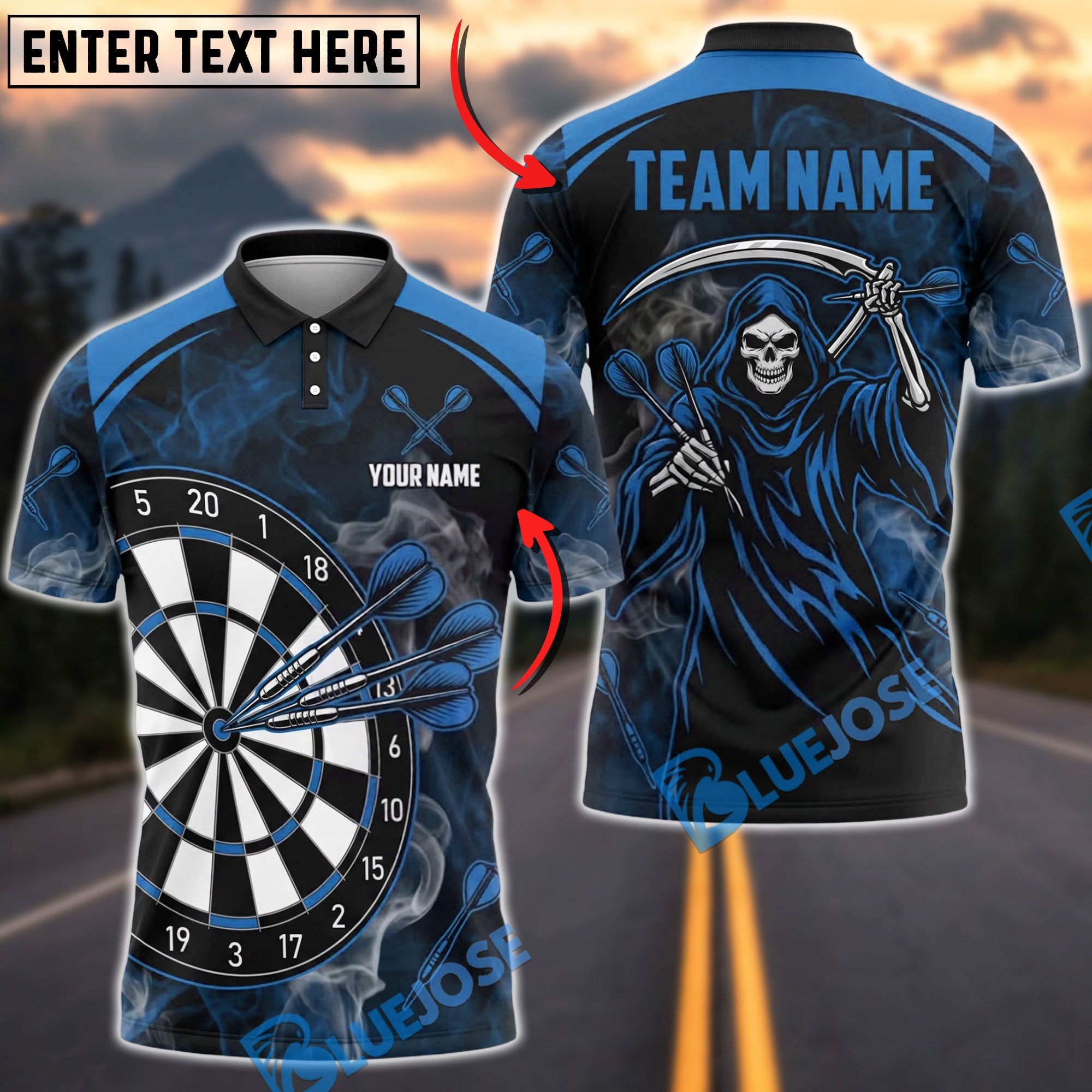 BlueJose Darts Grim Reaper Triple Bulleyes Personalized Name, Team Name Unisex Shirt (4 Colors)
