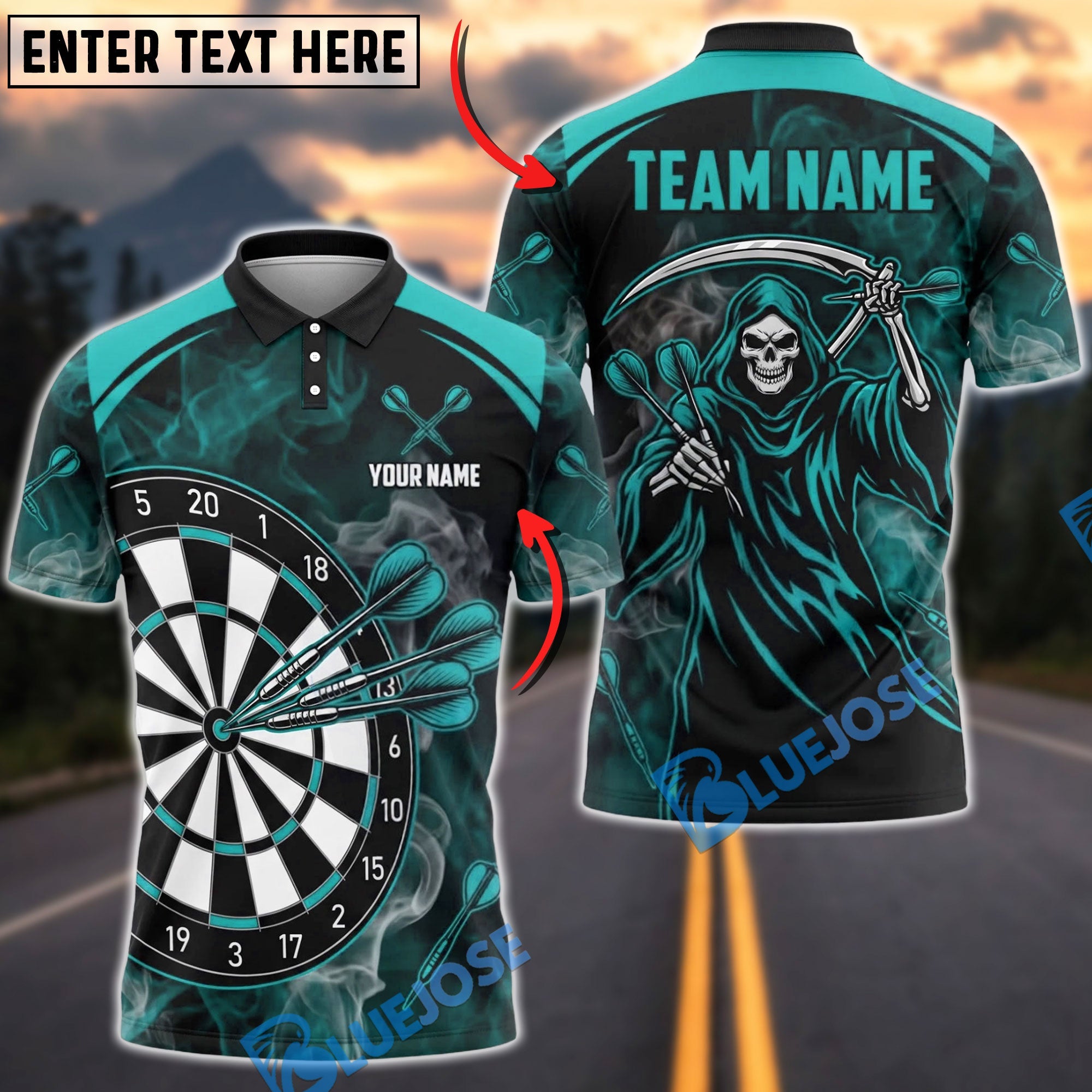 BlueJose Darts Grim Reaper Triple Bulleyes Personalized Name, Team Name Unisex Shirt (4 Colors)