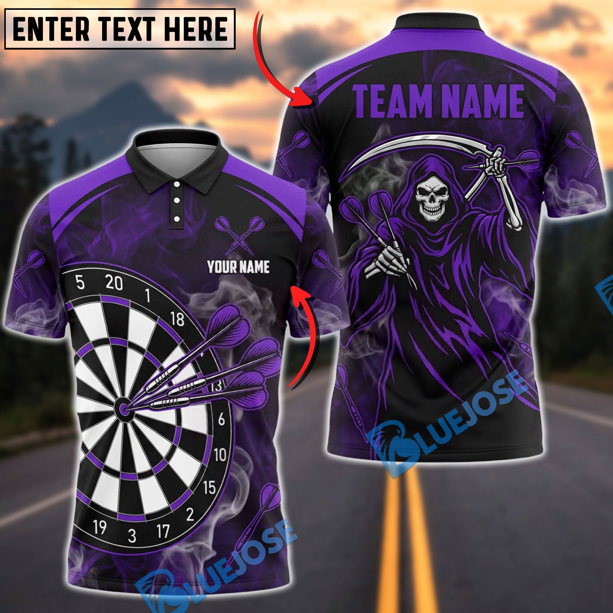 BlueJose Darts Grim Reaper Triple Bulleyes Personalized Name, Team Name Unisex Shirt (4 Colors)