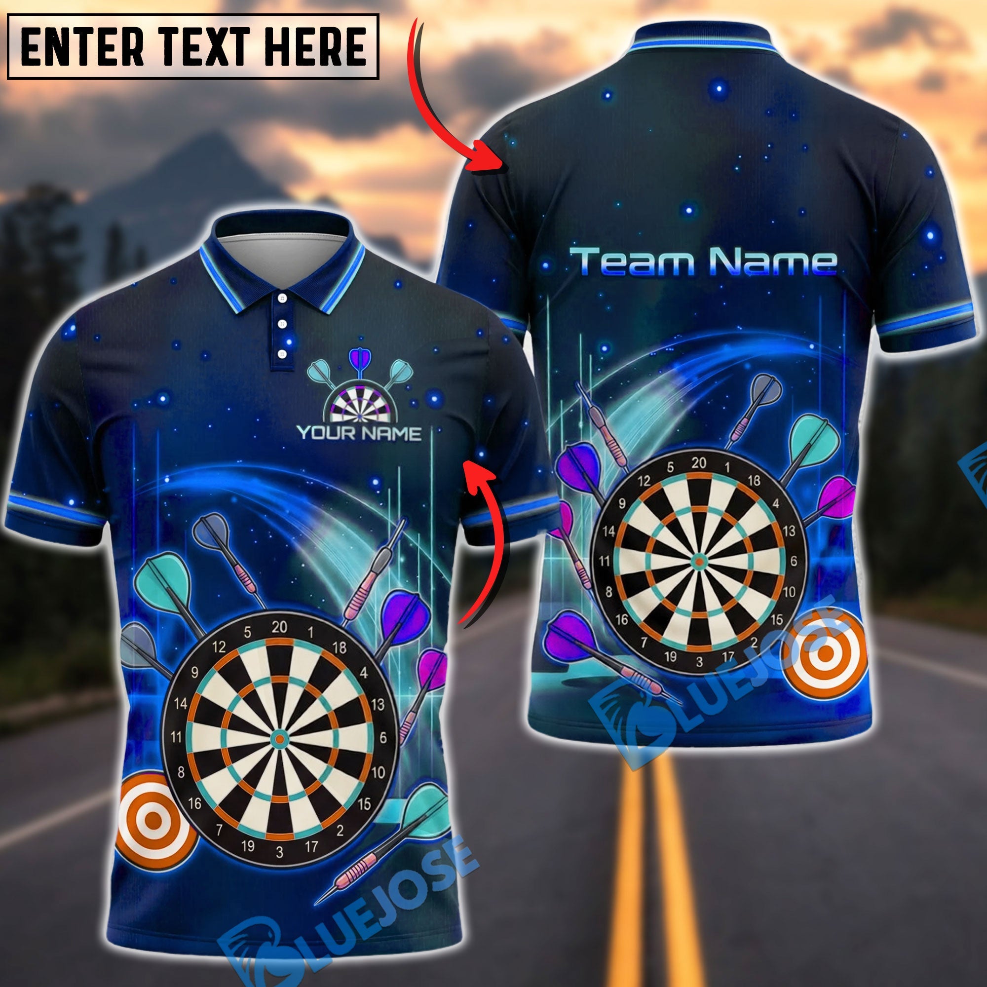 BlueJose Darts Neon Galaxy Dartboard Personalized Name, Team Name Unisex Shirt (4 Colors)
