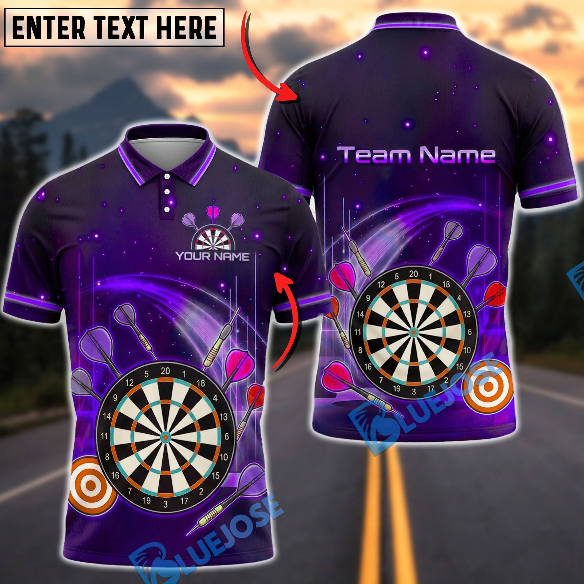 BlueJose Darts Neon Galaxy Dartboard Personalized Name, Team Name Unisex Shirt (4 Colors)