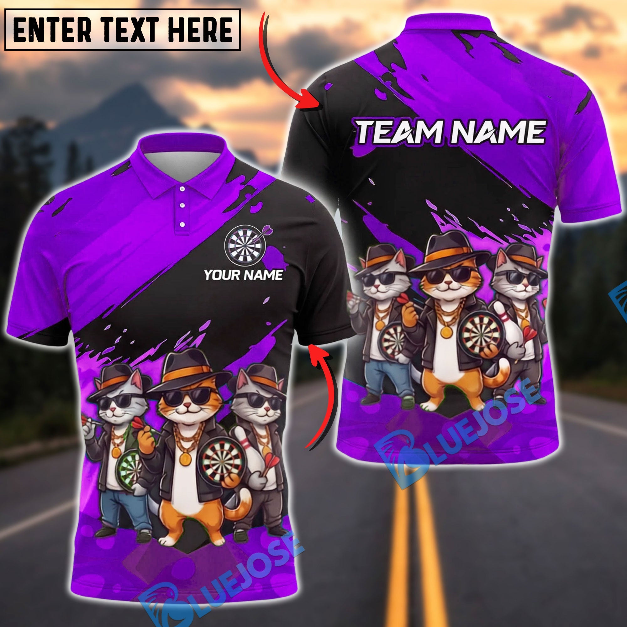 BlueJose Darts Gangster Cat Crew Personalized Name, Team Name Unisex Shirt (4 Colors)