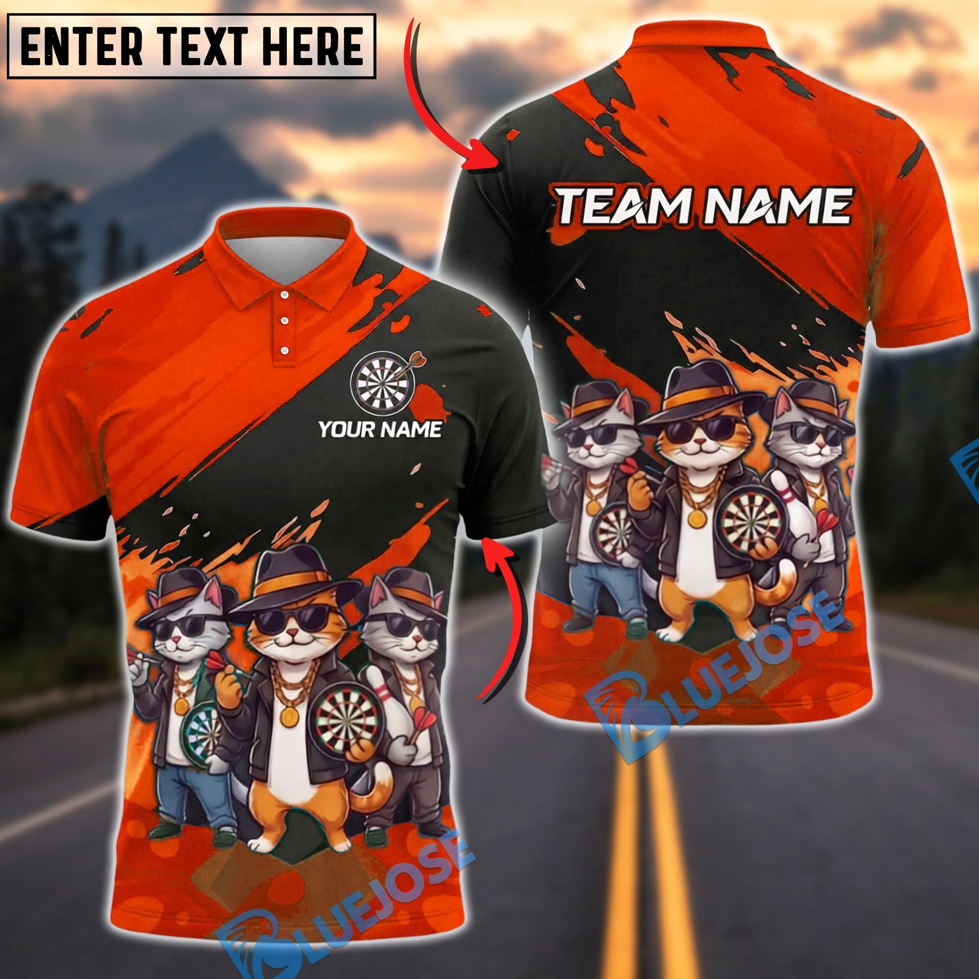 BlueJose Darts Gangster Cat Crew Personalized Name, Team Name Unisex Shirt (4 Colors)