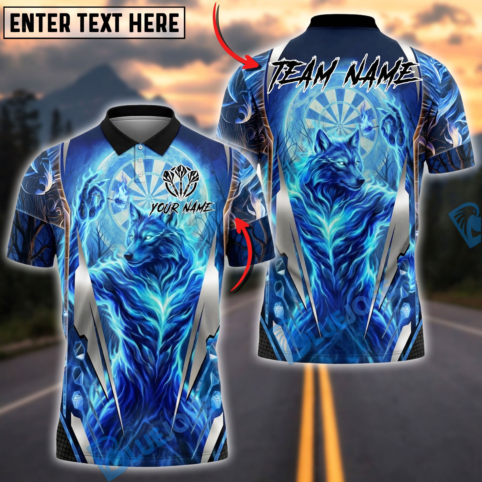 BlueJose Darts Dartboard Lightning Fire Wolf Spirit Design Personalized Name, Team Name Unisex Shirt (4 Colors)