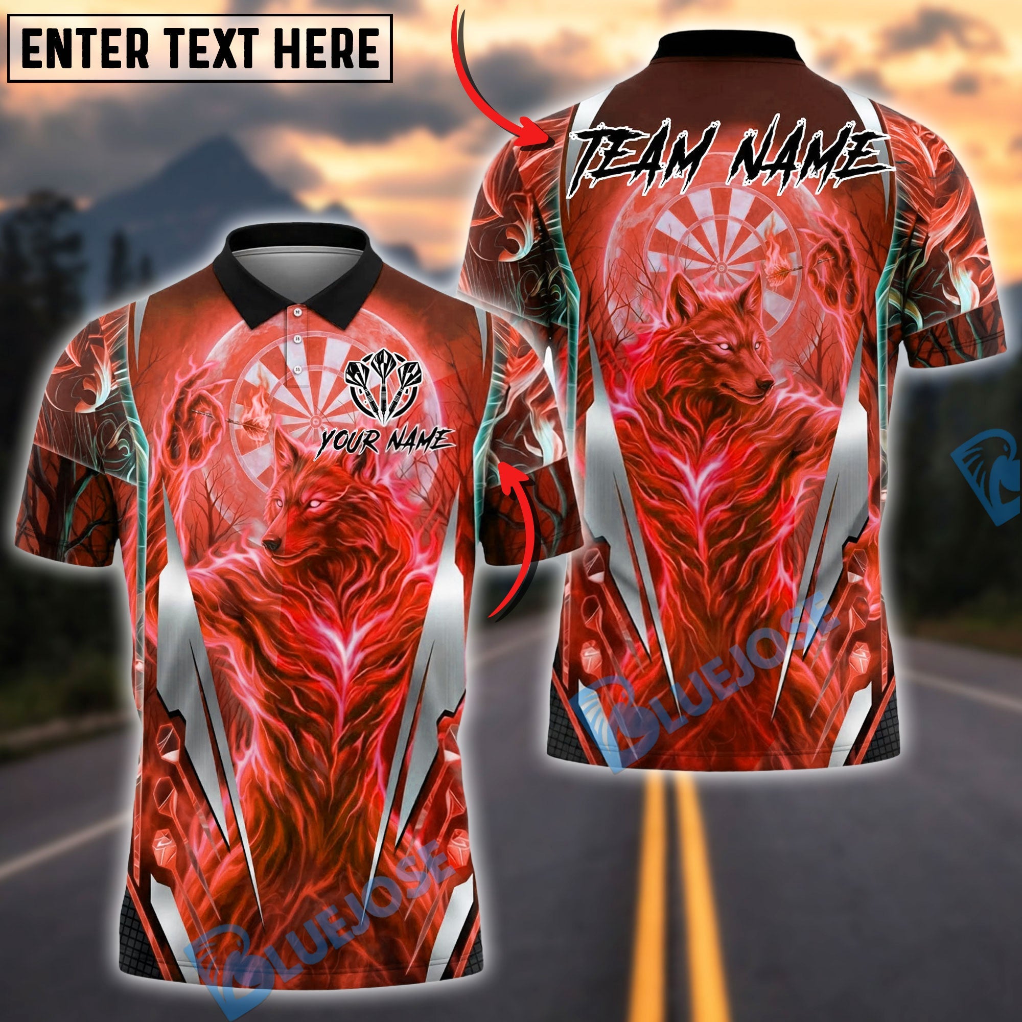 BlueJose Darts Dartboard Lightning Fire Wolf Spirit Design Personalized Name, Team Name Unisex Shirt (4 Colors)