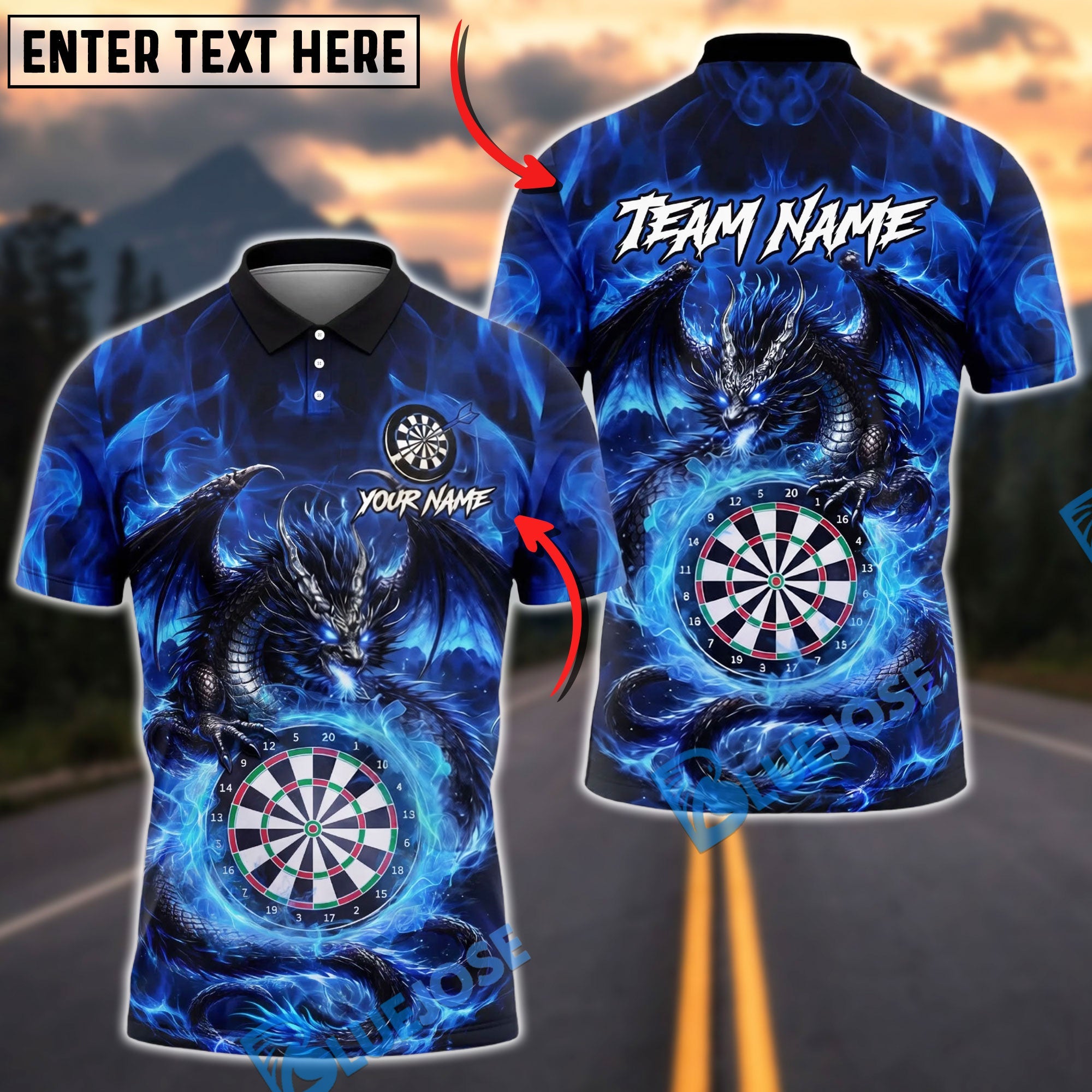 BlueJose Darts Dragon Fire Fantasy Art Personalized Name, Team Name Unisex Shirt (4 Colors)