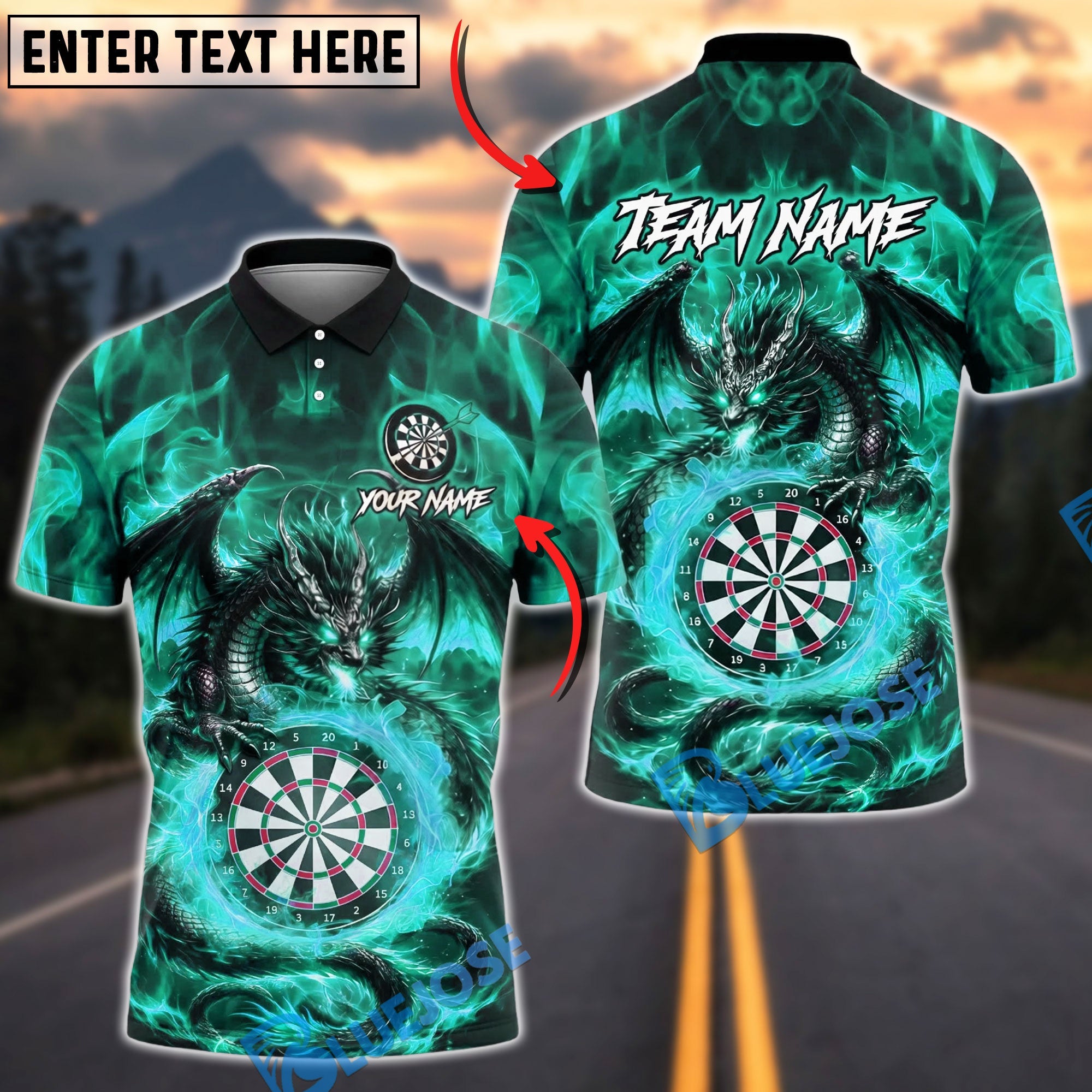 BlueJose Darts Dragon Fire Fantasy Art Personalized Name, Team Name Unisex Shirt (4 Colors)
