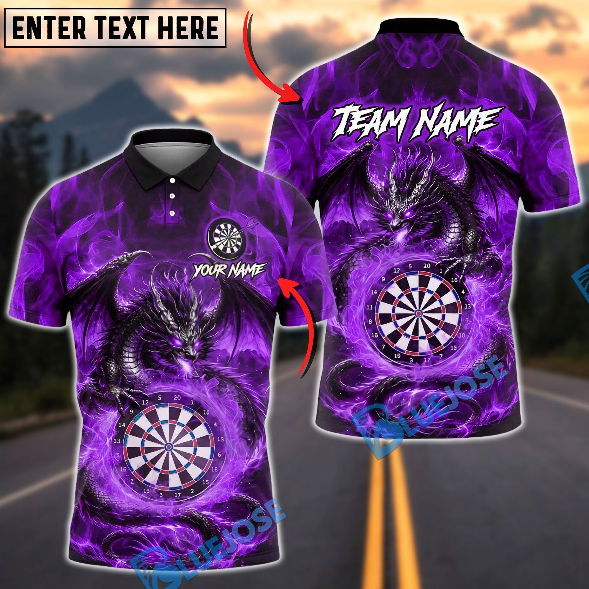BlueJose Darts Dragon Fire Fantasy Art Personalized Name, Team Name Unisex Shirt (4 Colors)