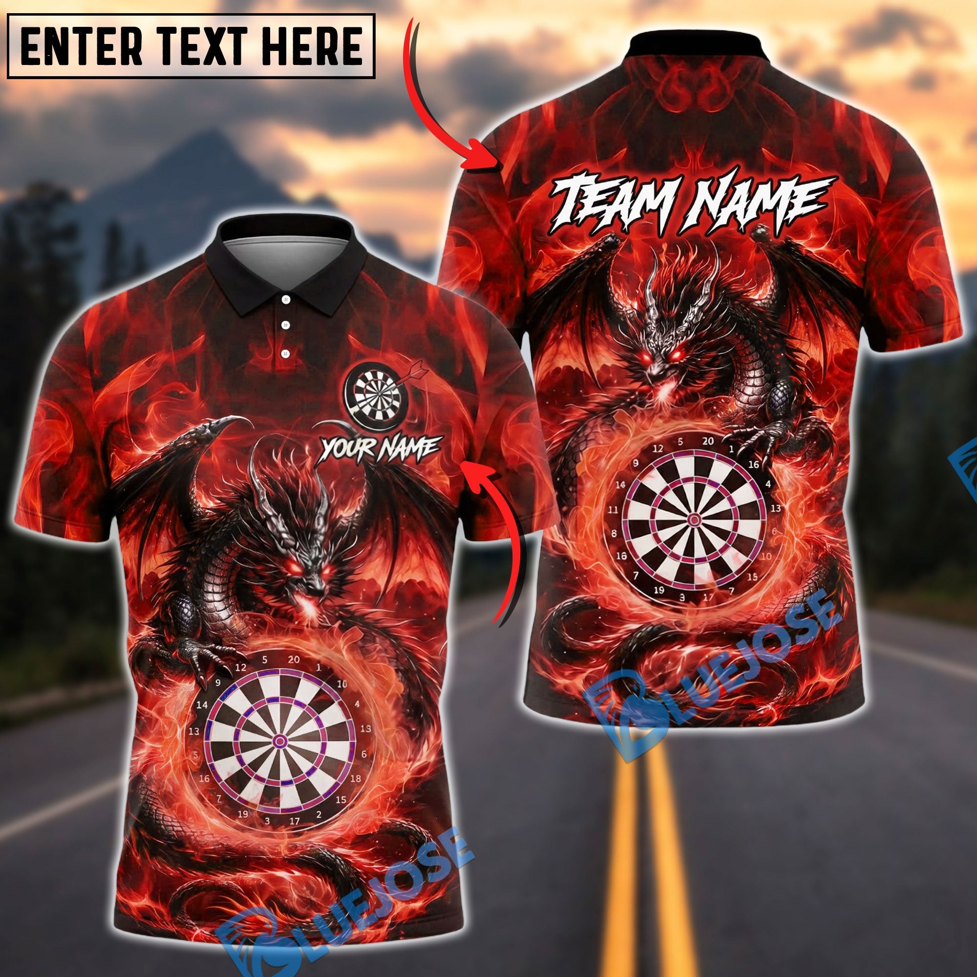 BlueJose Darts Dragon Fire Fantasy Art Personalized Name, Team Name Unisex Shirt (4 Colors)
