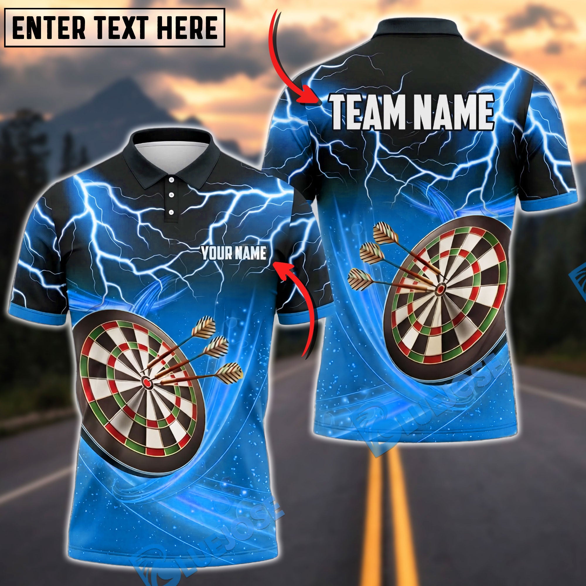 BlueJose Darts Lightning Dartboard Bullseye Personalized Name, Team Name Unisex Shirt (6 Colors)