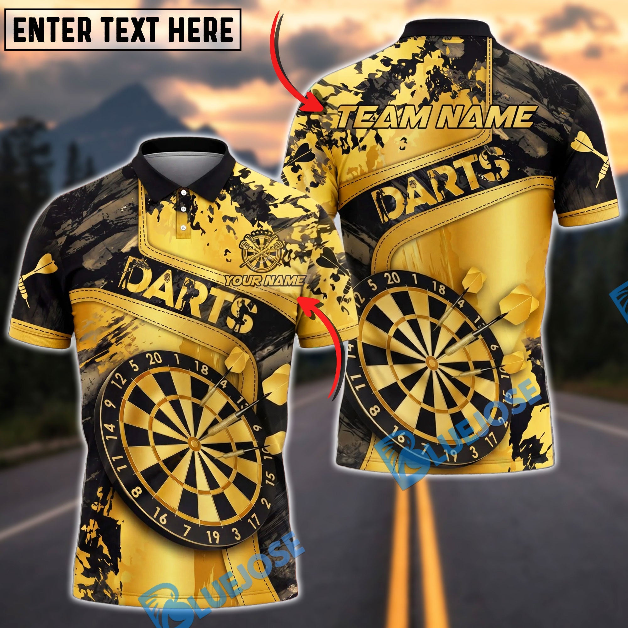 BlueJose Darts Gold Grunge Dartboard Graphic Personalized Name, Team Name Unisex Shirt (6 Colors)
