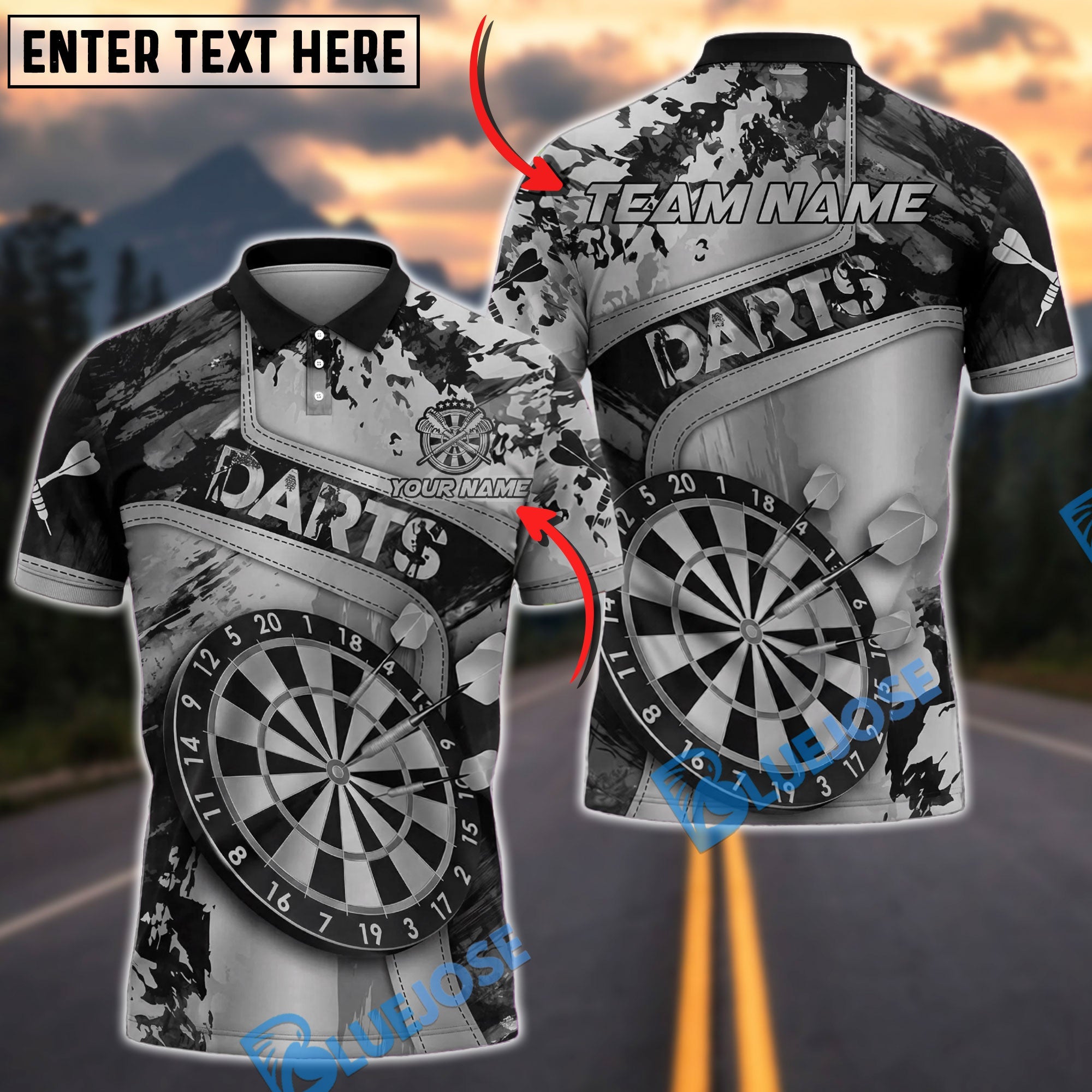 BlueJose Darts Gold Grunge Dartboard Graphic Personalized Name, Team Name Unisex Shirt (6 Colors)
