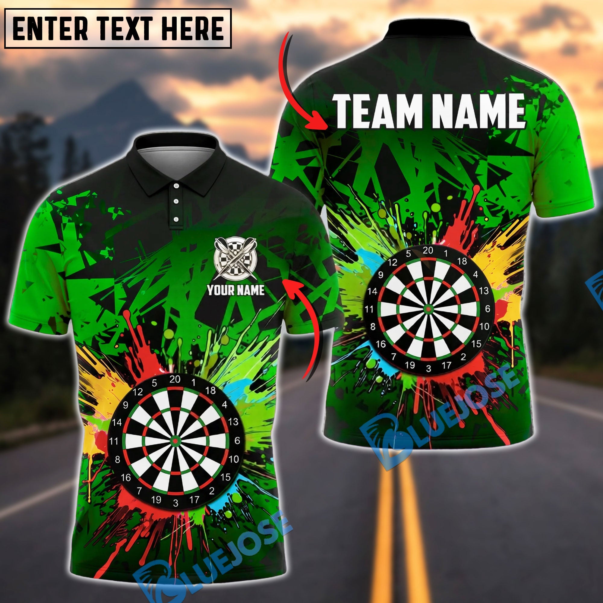 BlueJose Darts Color Splash Dartboard Graphic Personalized Name, Team Name Unisex Shirt (4 Colors)