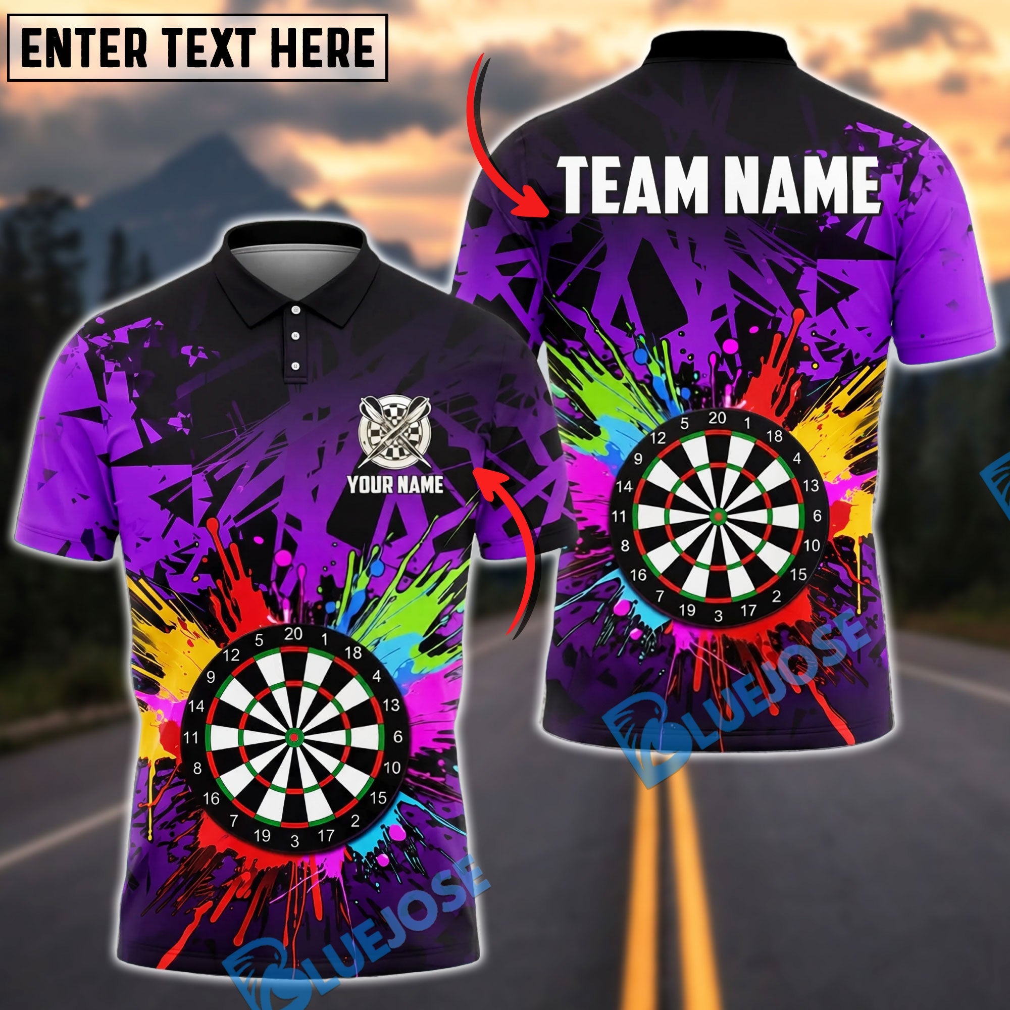 BlueJose Darts Color Splash Dartboard Graphic Personalized Name, Team Name Unisex Shirt (4 Colors)