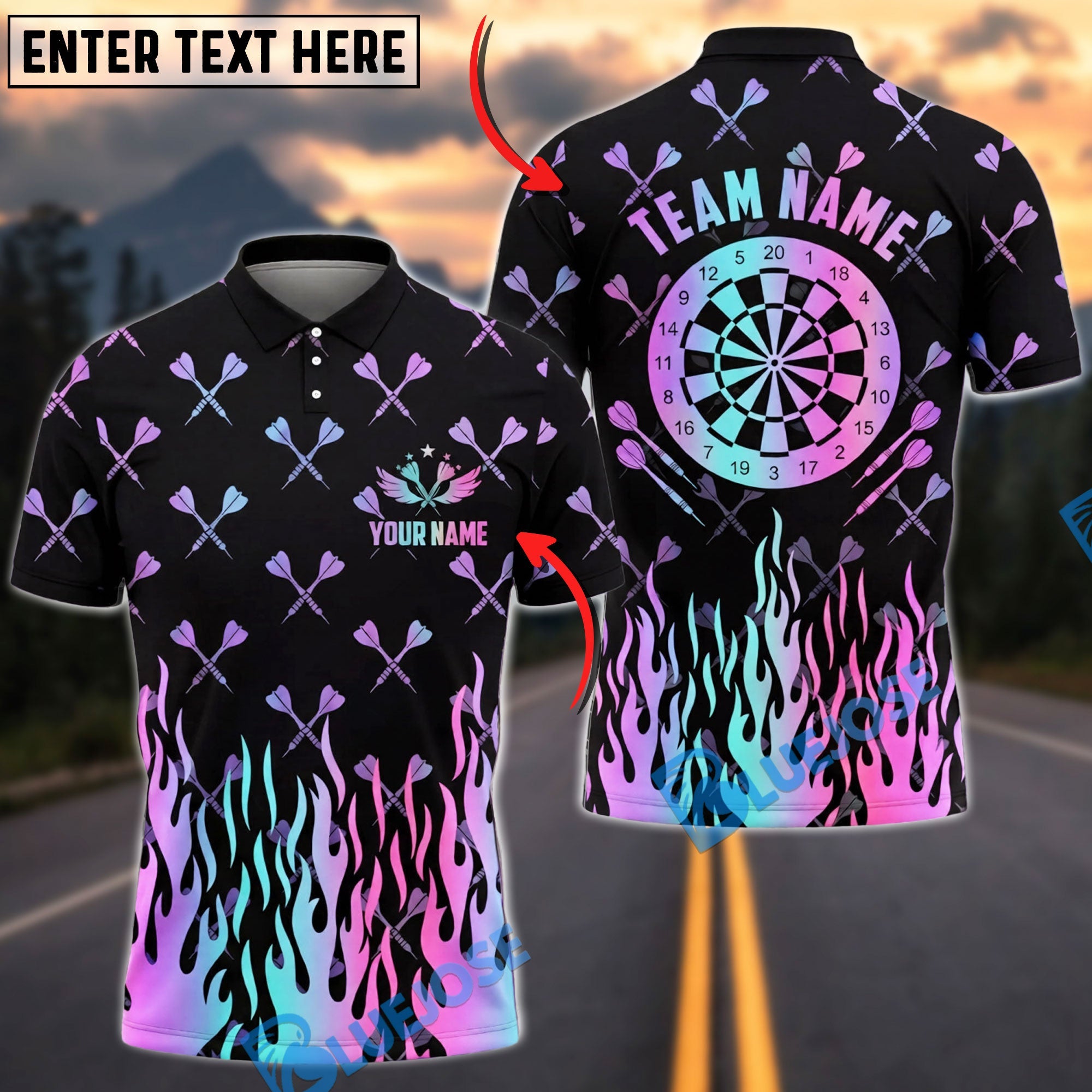 BlueJose Darts Neon Flame Dartboard Gradient Personalized Name Shirt
