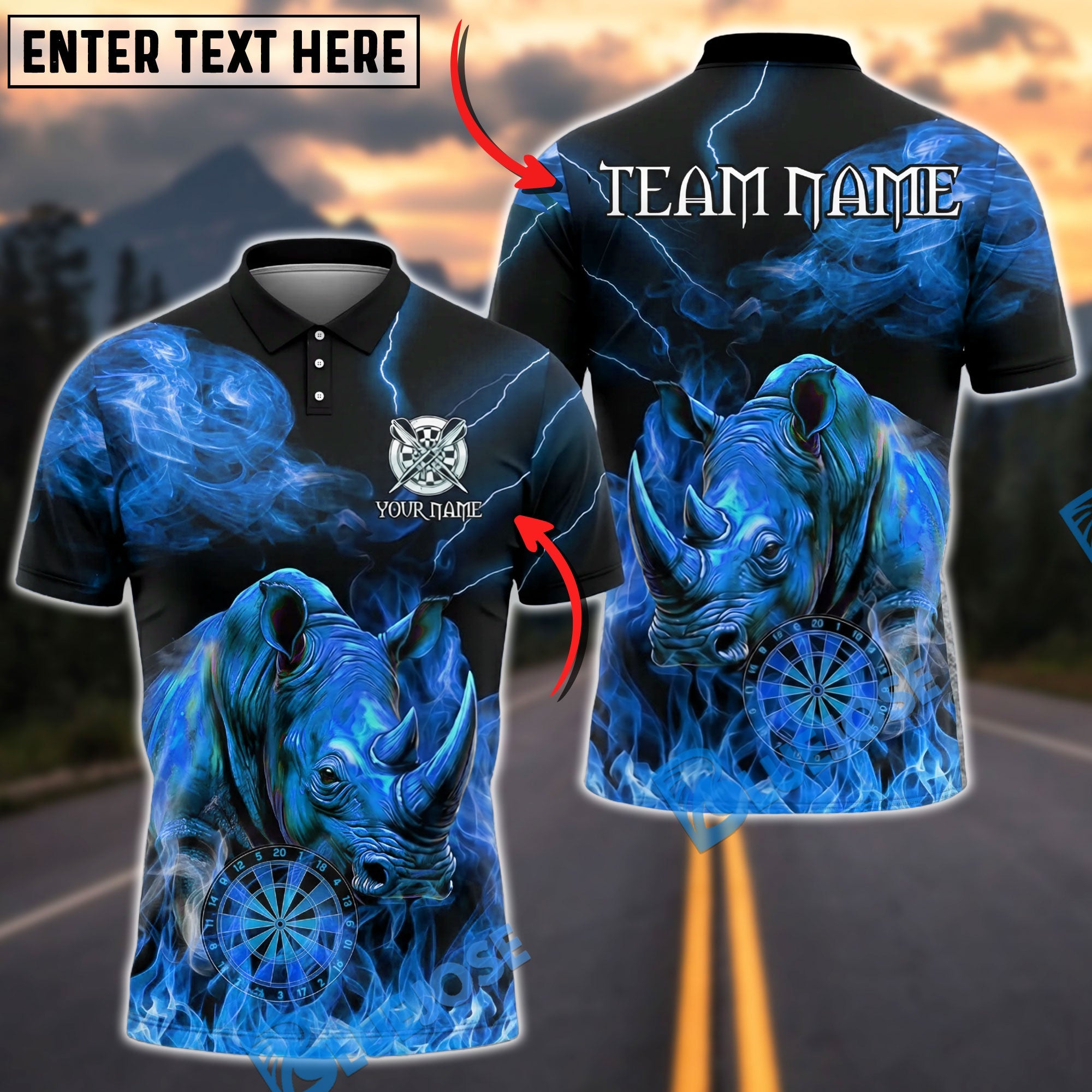 BlueJose Darts Rhino Lightning Smoke Personalized Name, Team Name Unisex Shirt (4 Colors)