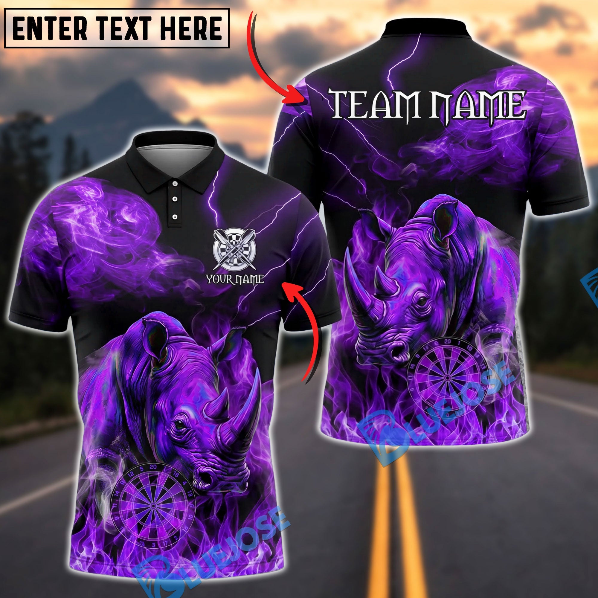 BlueJose Darts Rhino Lightning Smoke Personalized Name, Team Name Unisex Shirt (4 Colors)