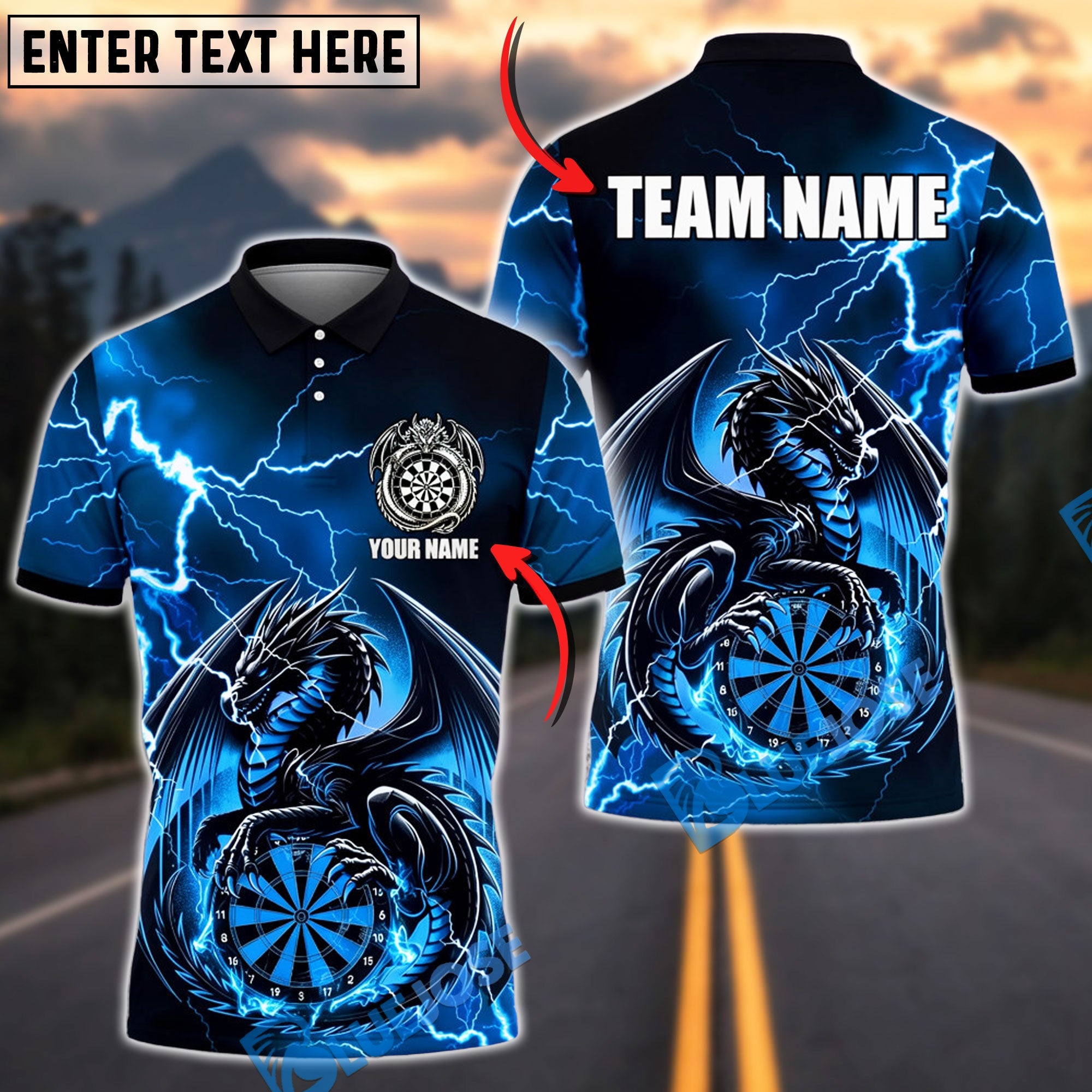 BlueJose Darts Thunder Dragon Sit On Dartboard Personalized Name, Team Name Unisex Shirt (4 Colors)