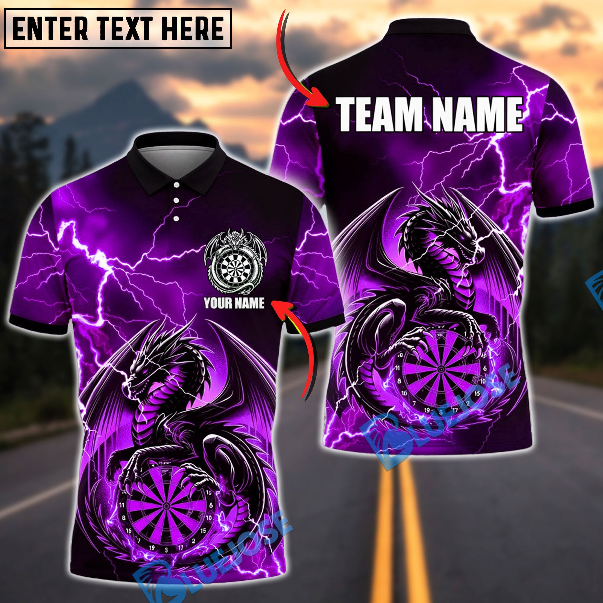 BlueJose Darts Thunder Dragon Sit On Dartboard Personalized Name, Team Name Unisex Shirt (4 Colors)