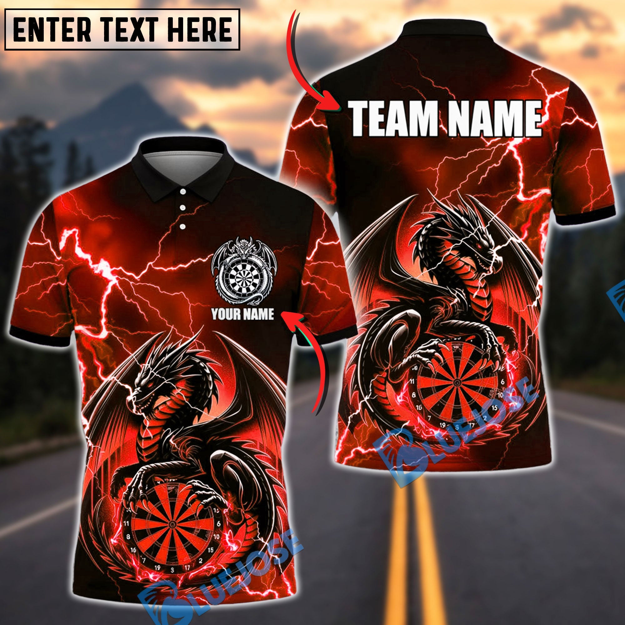BlueJose Darts Thunder Dragon Sit On Dartboard Personalized Name, Team Name Unisex Shirt (4 Colors)