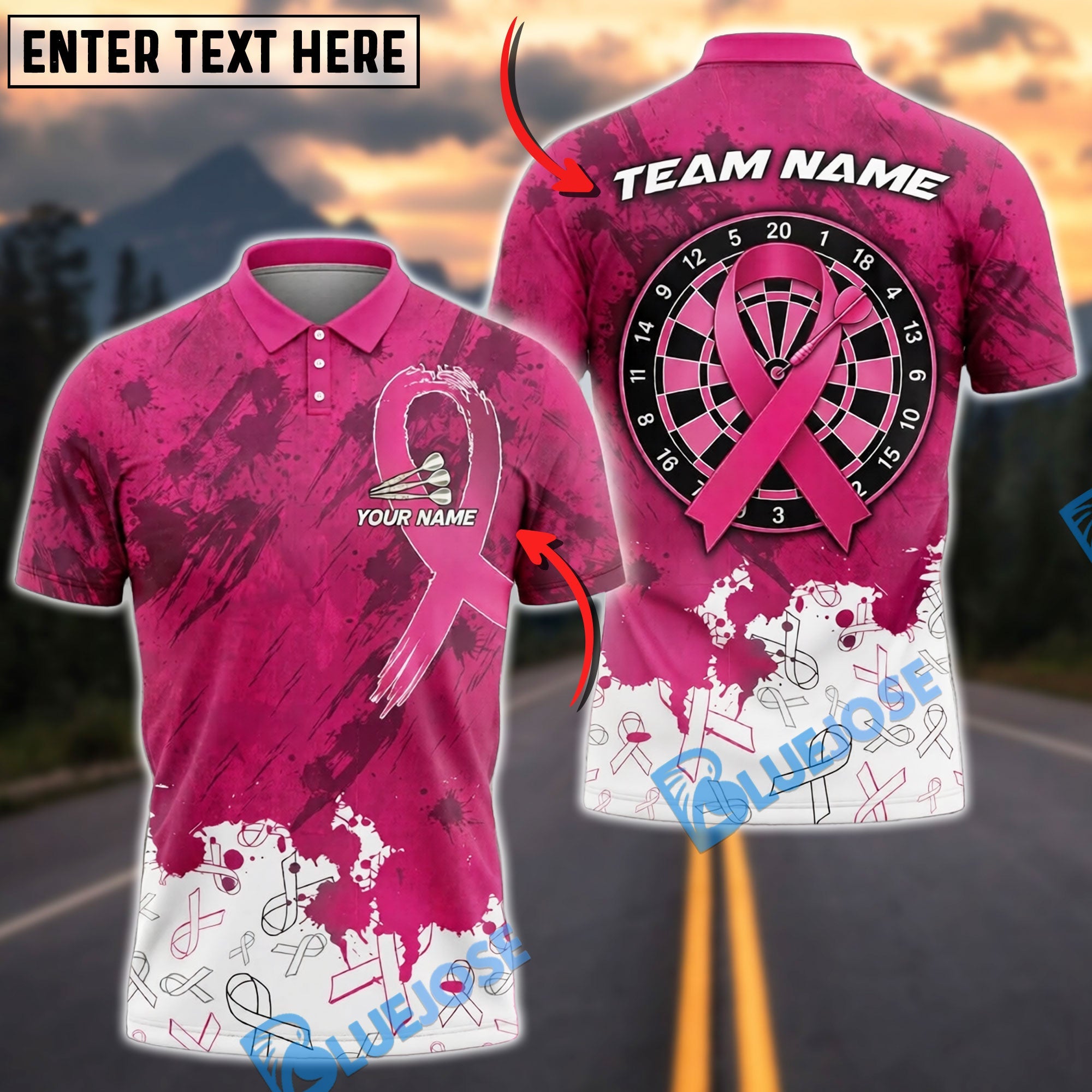 BlueJose Darts Breast Cancer Awareness Ribbon Dartboard Personalized Name Shirt