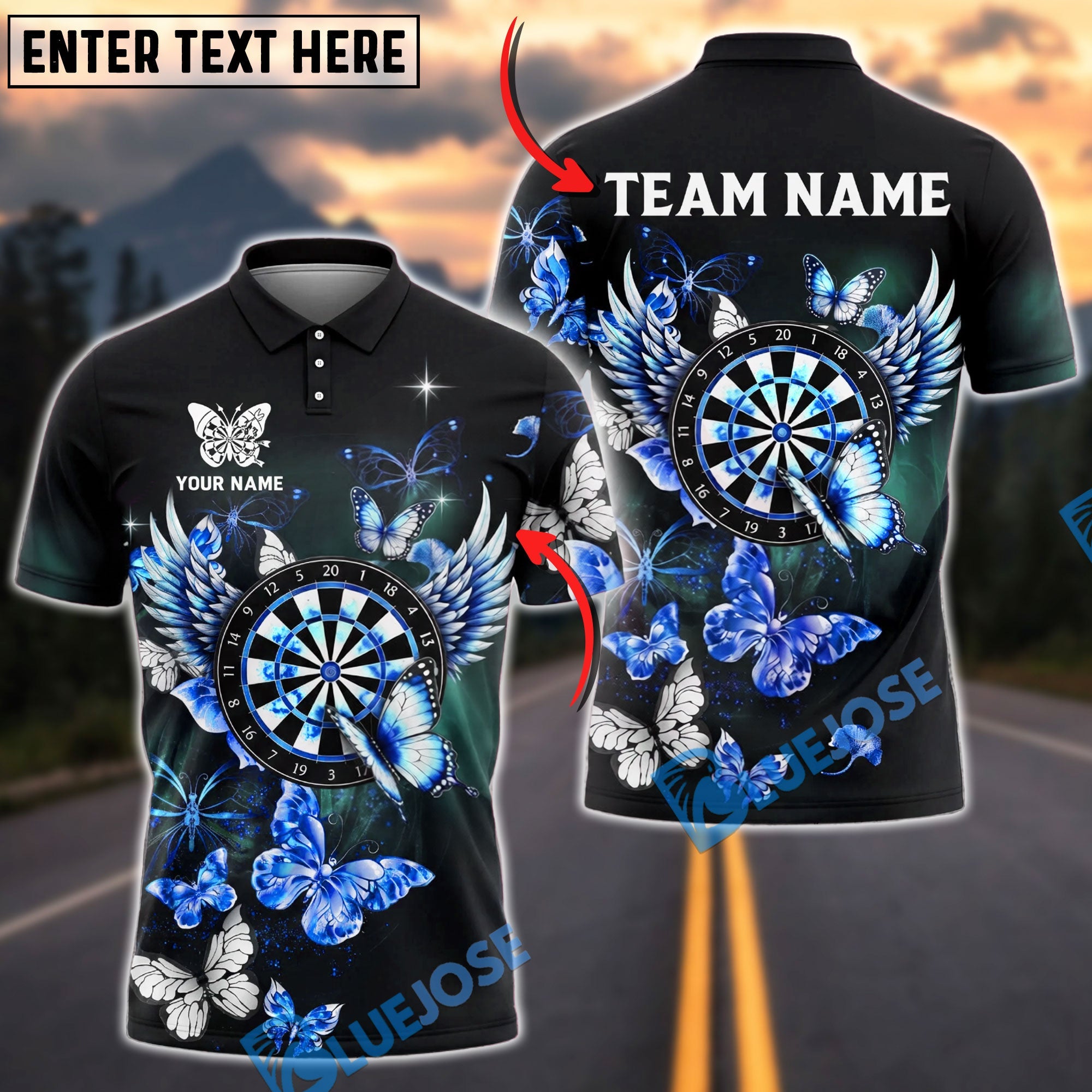 BlueJose Darts Butterfly Wing Dartboard Personalized Name, Team Name Unisex Shirt (4 Colors)