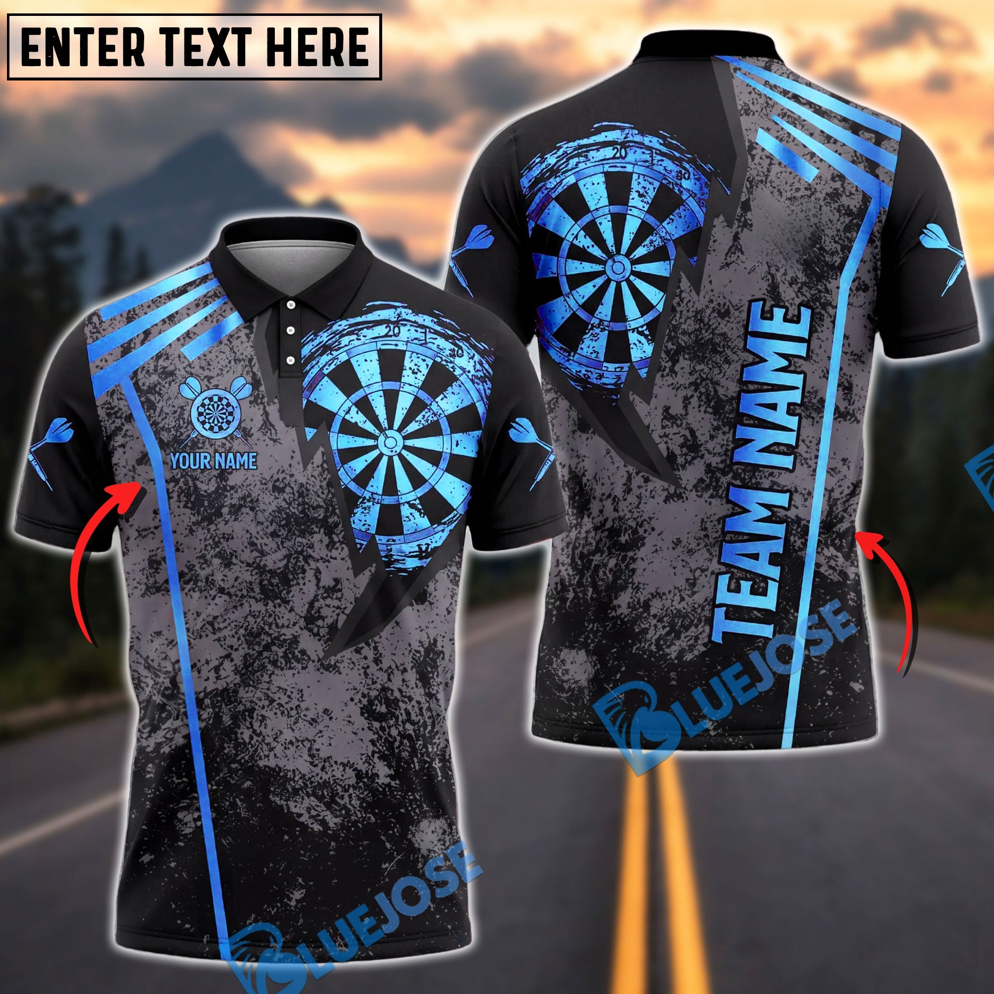 BlueJose Darts Grunge Dartboard Sports Design Personalized Name, Team Name Unisex Shirt (6 Colors)