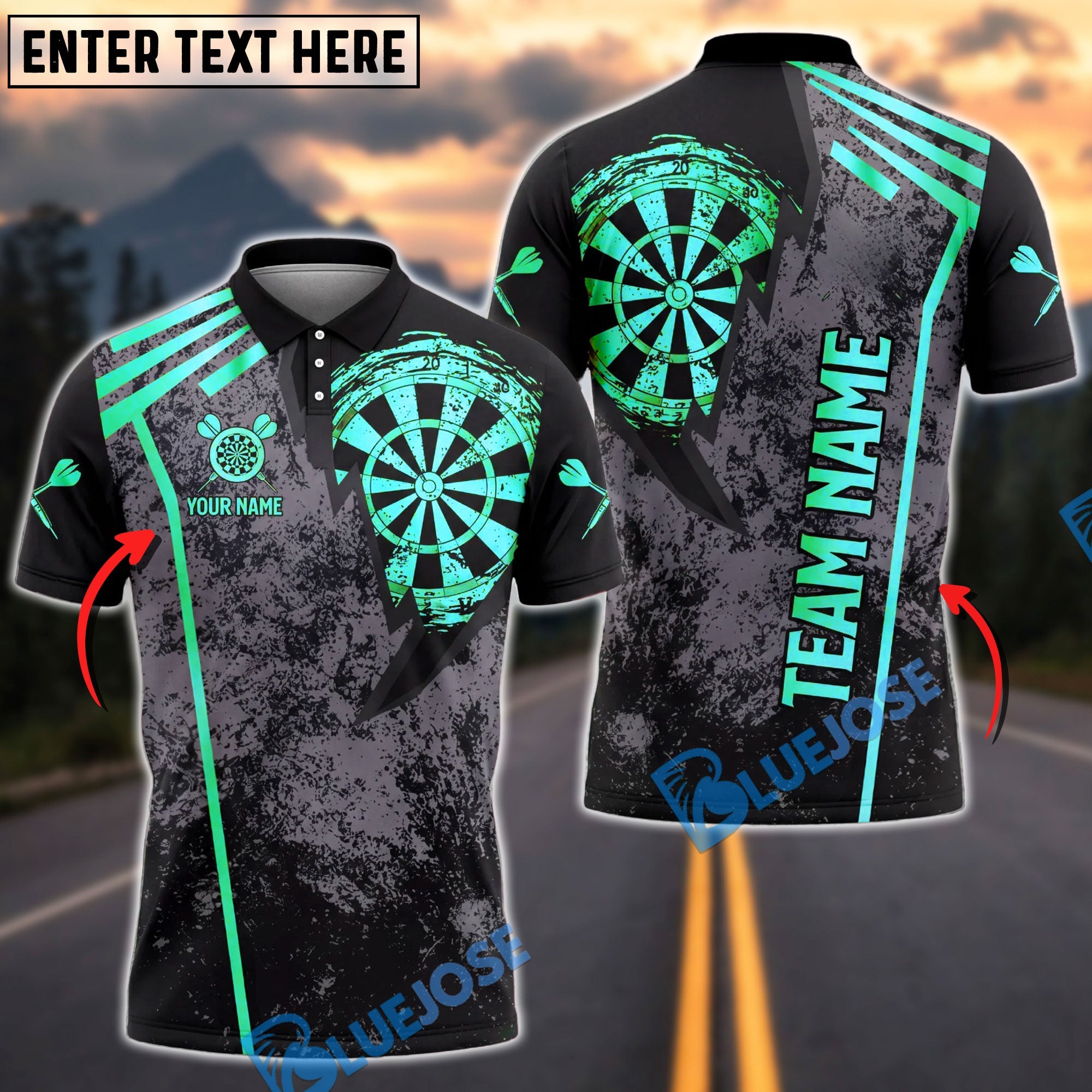 BlueJose Darts Grunge Dartboard Sports Design Personalized Name, Team Name Unisex Shirt (6 Colors)