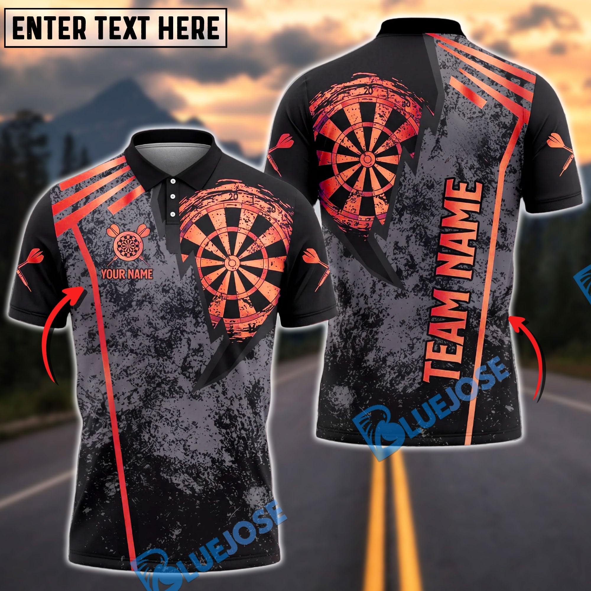 BlueJose Darts Grunge Dartboard Sports Design Personalized Name, Team Name Unisex Shirt (6 Colors)
