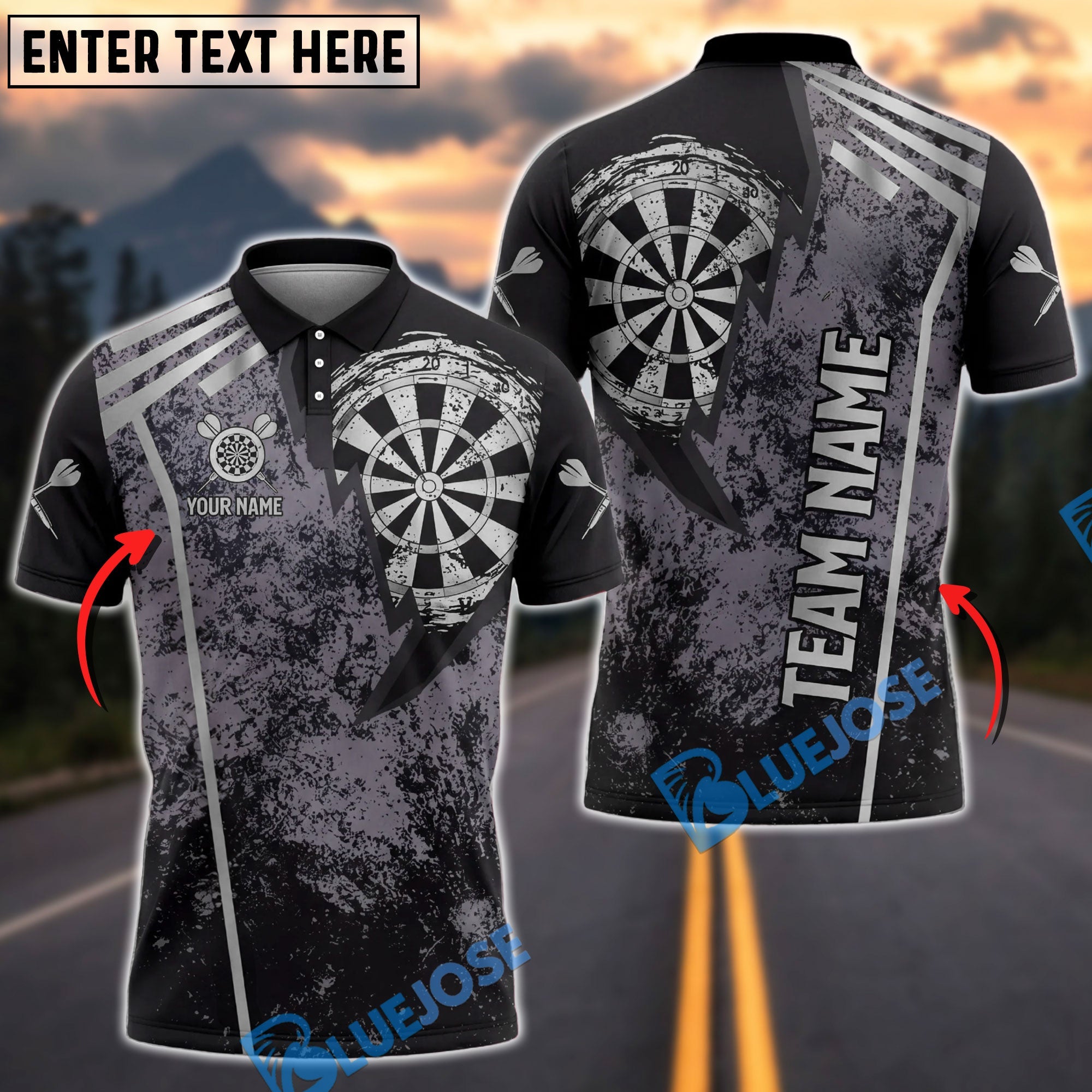 BlueJose Darts Grunge Dartboard Sports Design Personalized Name, Team Name Unisex Shirt (6 Colors)