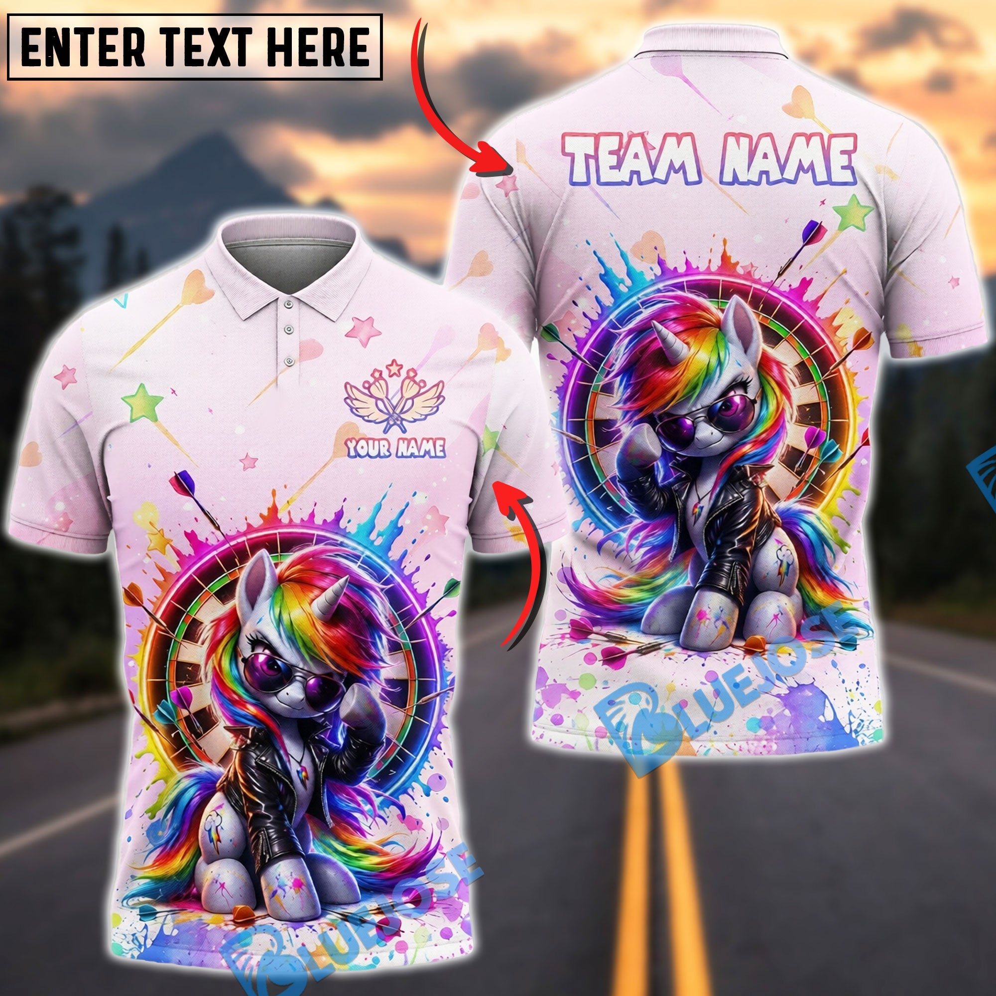 BlueJose Darts Unicorn Rainbow Splash Cool Style Personalized Name Shirt