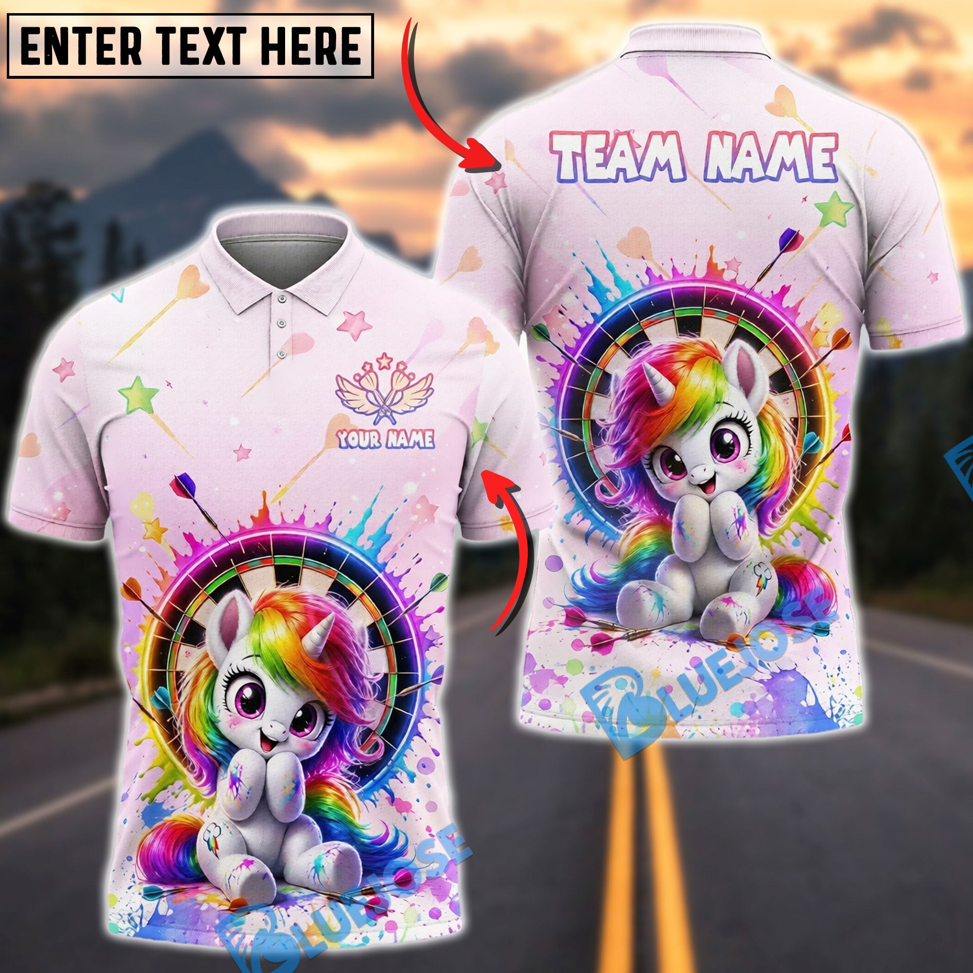 BlueJose Darts Cute Unicorn Kawaii Rainbow Personalized Name Shirt