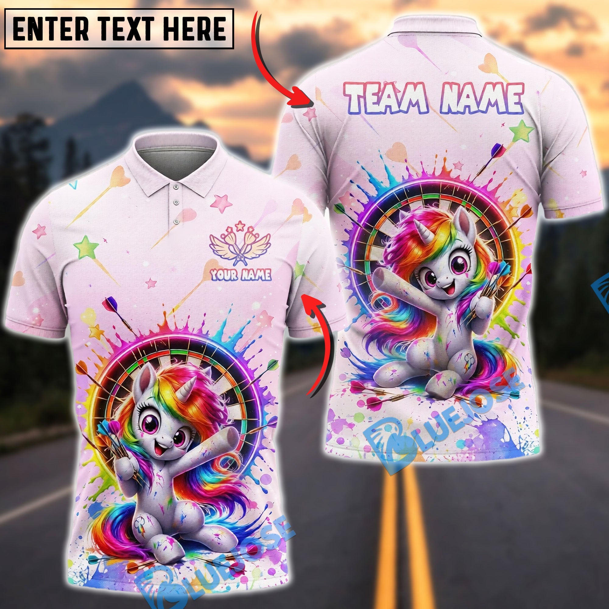 BlueJose Darts Funny Unicorn Colorful Cartoon Personalized Name Shirt