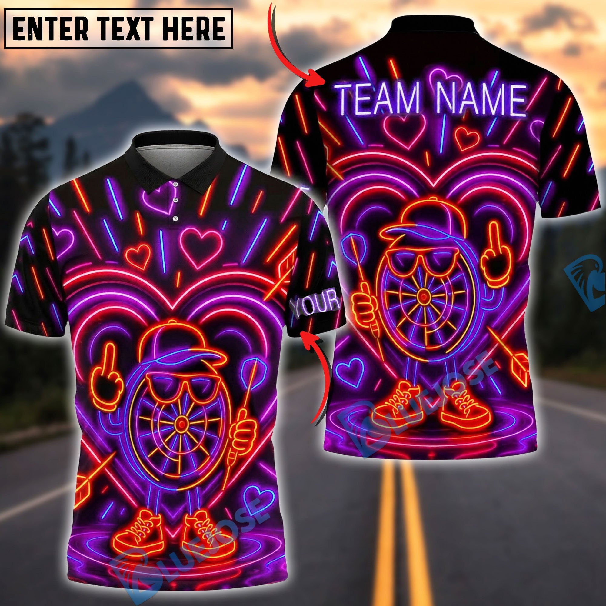 BlueJose Darts Neon Dartboard Funny Character Heart Glow Arcade Style Personalized Name, Team Name Unisex Shirt (4 Colors)