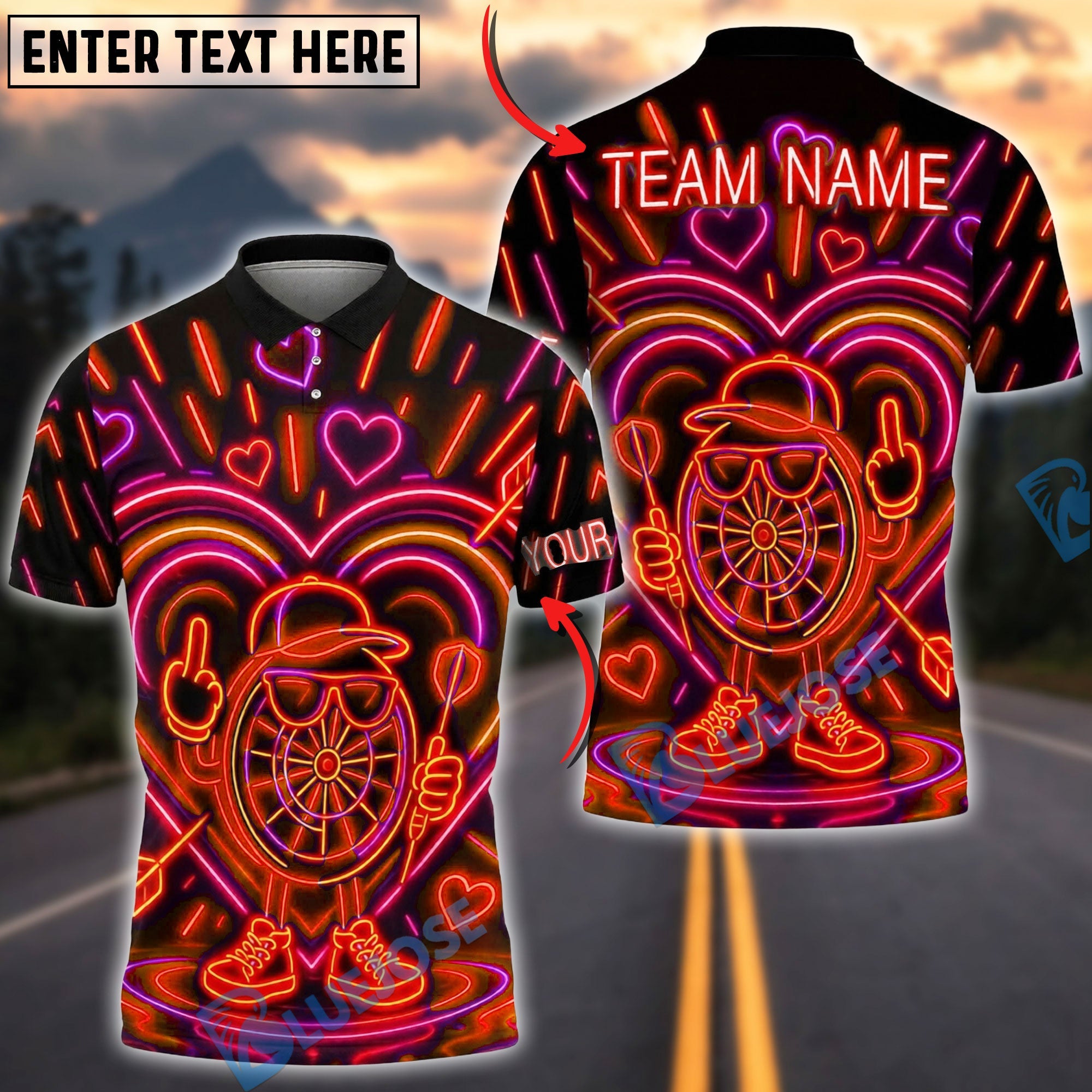 BlueJose Darts Neon Dartboard Funny Character Heart Glow Arcade Style Personalized Name, Team Name Unisex Shirt (4 Colors)