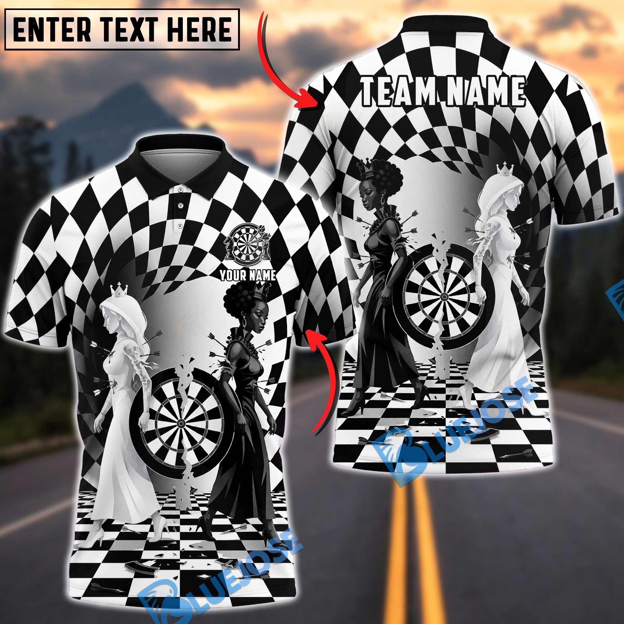 BlueJose Darts Royal Queen Couple Monochrome Chess Art Personalized Name Shirt