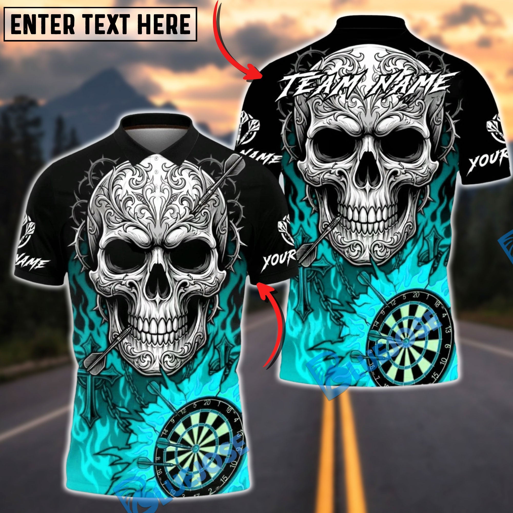 BlueJose Darts Skull Dartboard Red Flames Tribal Design Multicolor Options Personalized Name Shirt (4 Colors)