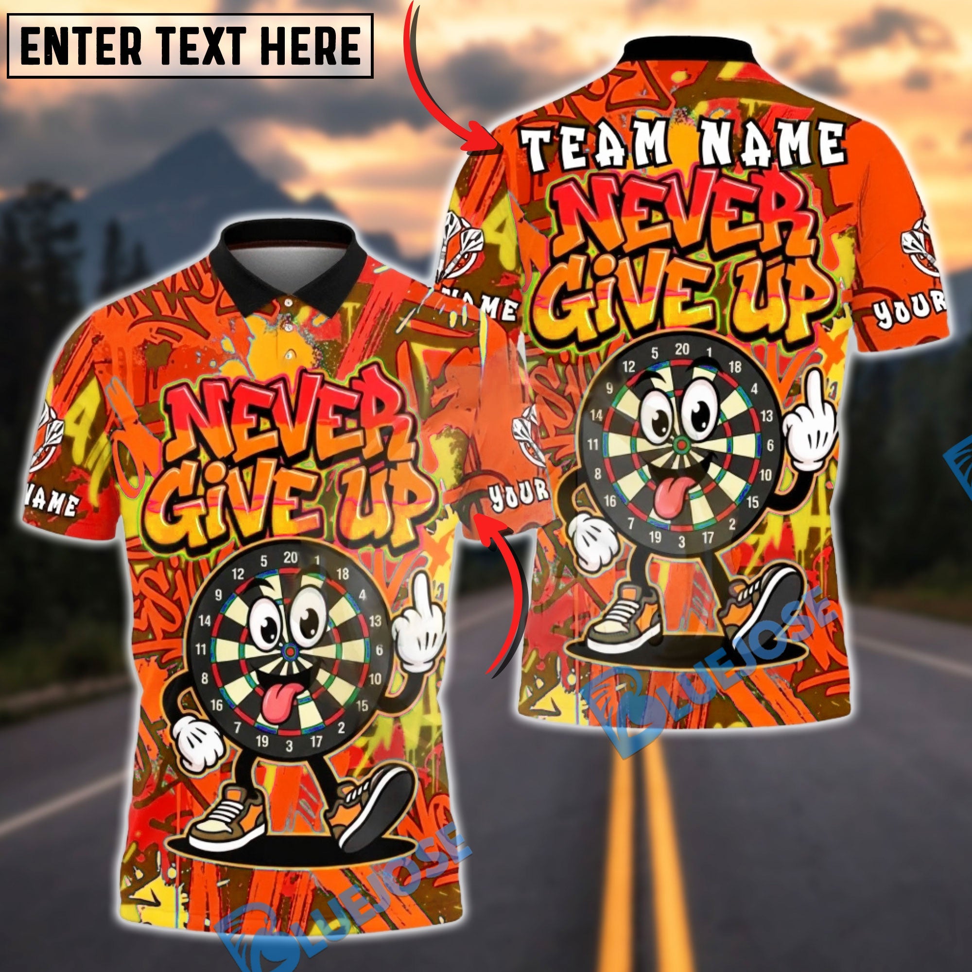 BlueJose Darts Never Give Up Dartboard Cartoon Fukin Graffiti Multicolor Options Personalized Name Shirt (4 Colors)