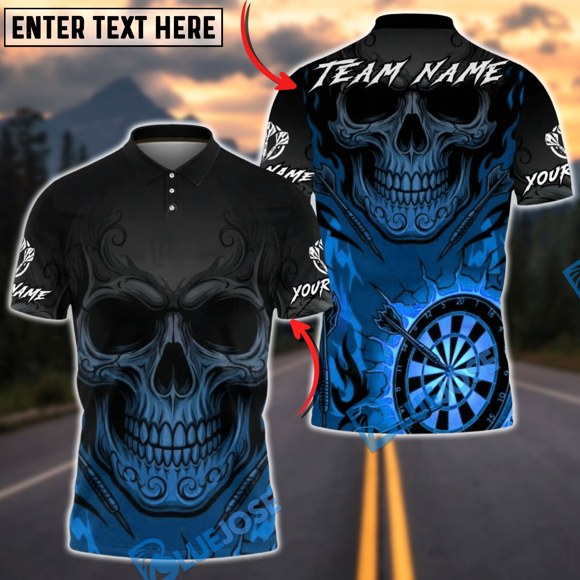 BlueJose Darts Skull Dartboard Fire Gradient Tribal Pattern Multicolor Options Personalized Name Shirt (4 Colors)