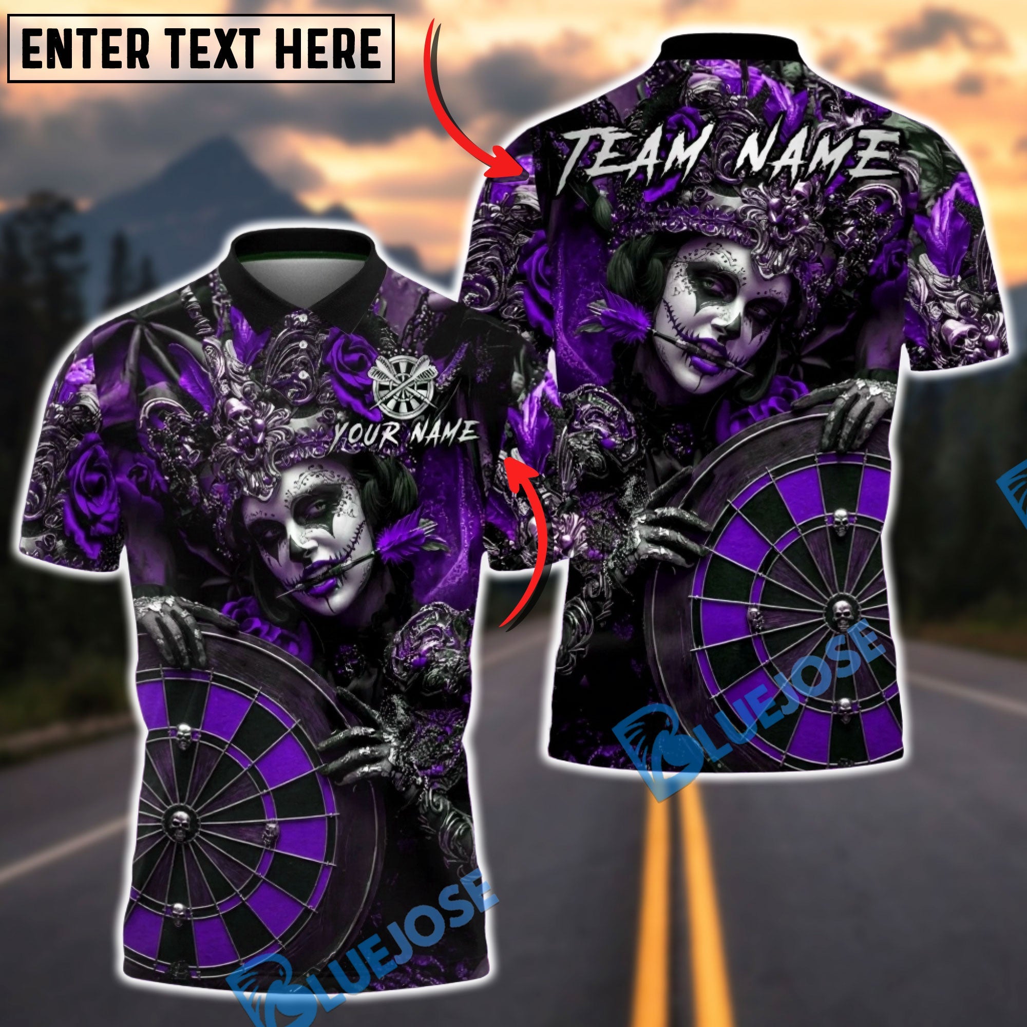 BlueJose Darts Gothic Queen Mask Roulette Dark Art Personalized Name, Team Name Unisex Shirt (4 Colors)