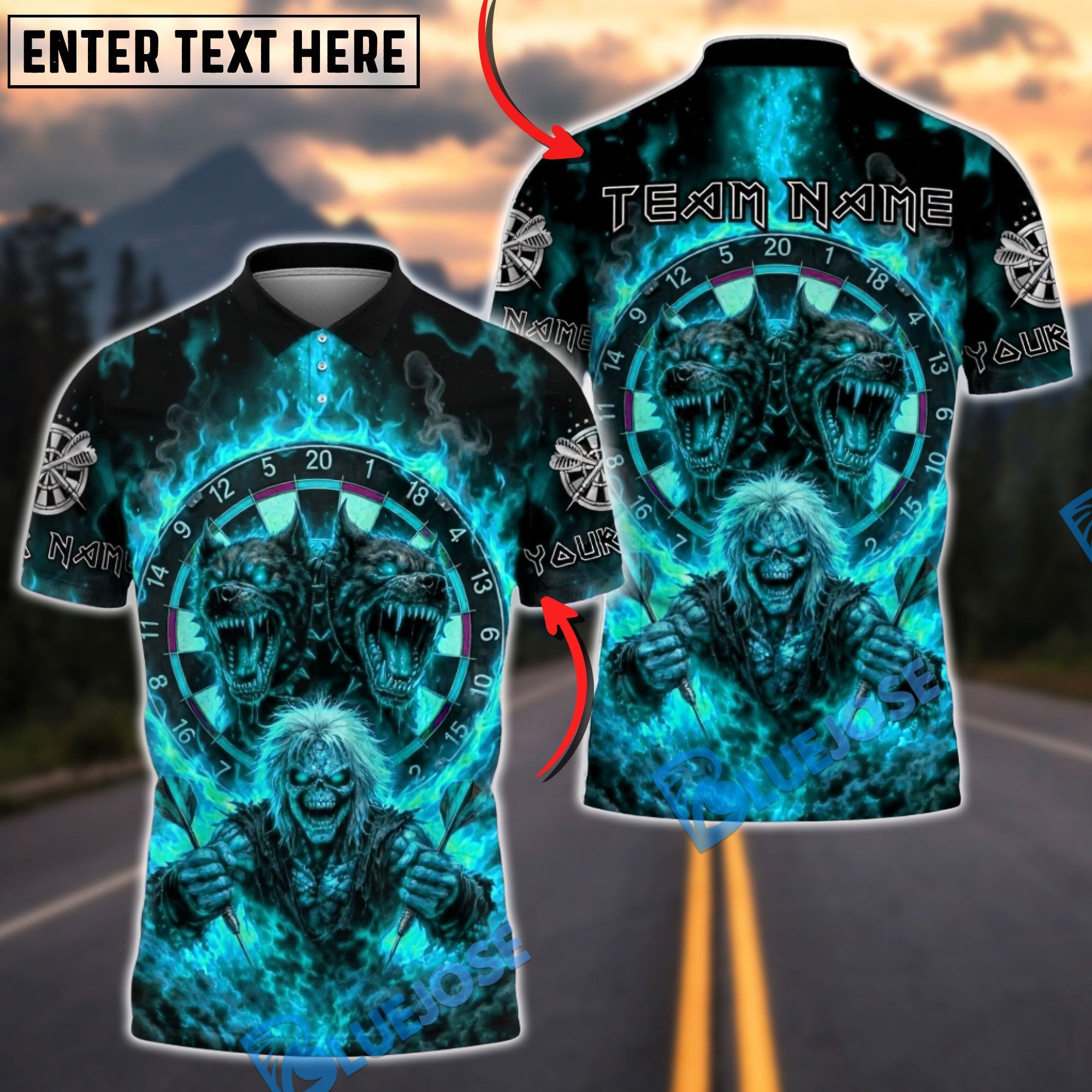 BlueJose Darts Skull Hellhound Flaming Dartboard Gothic Horror Personalized Name, Team Name Unisex Shirt (4 Colors)
