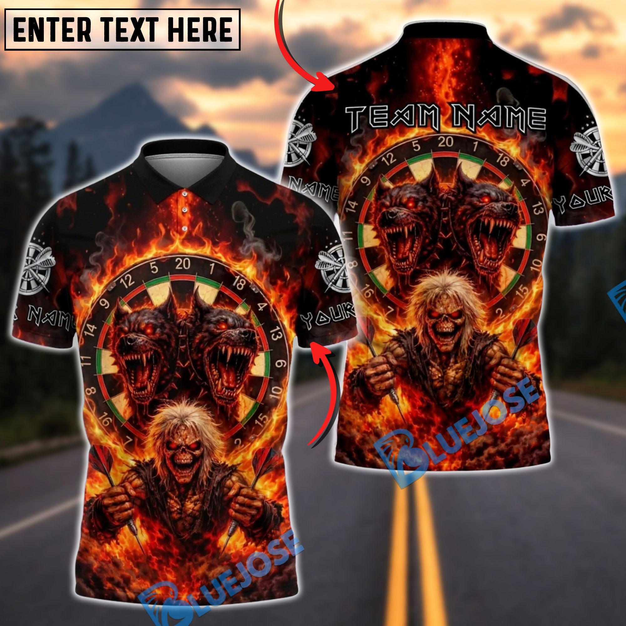 BlueJose Darts Skull Hellhound Flaming Dartboard Gothic Horror Personalized Name, Team Name Unisex Shirt (4 Colors)