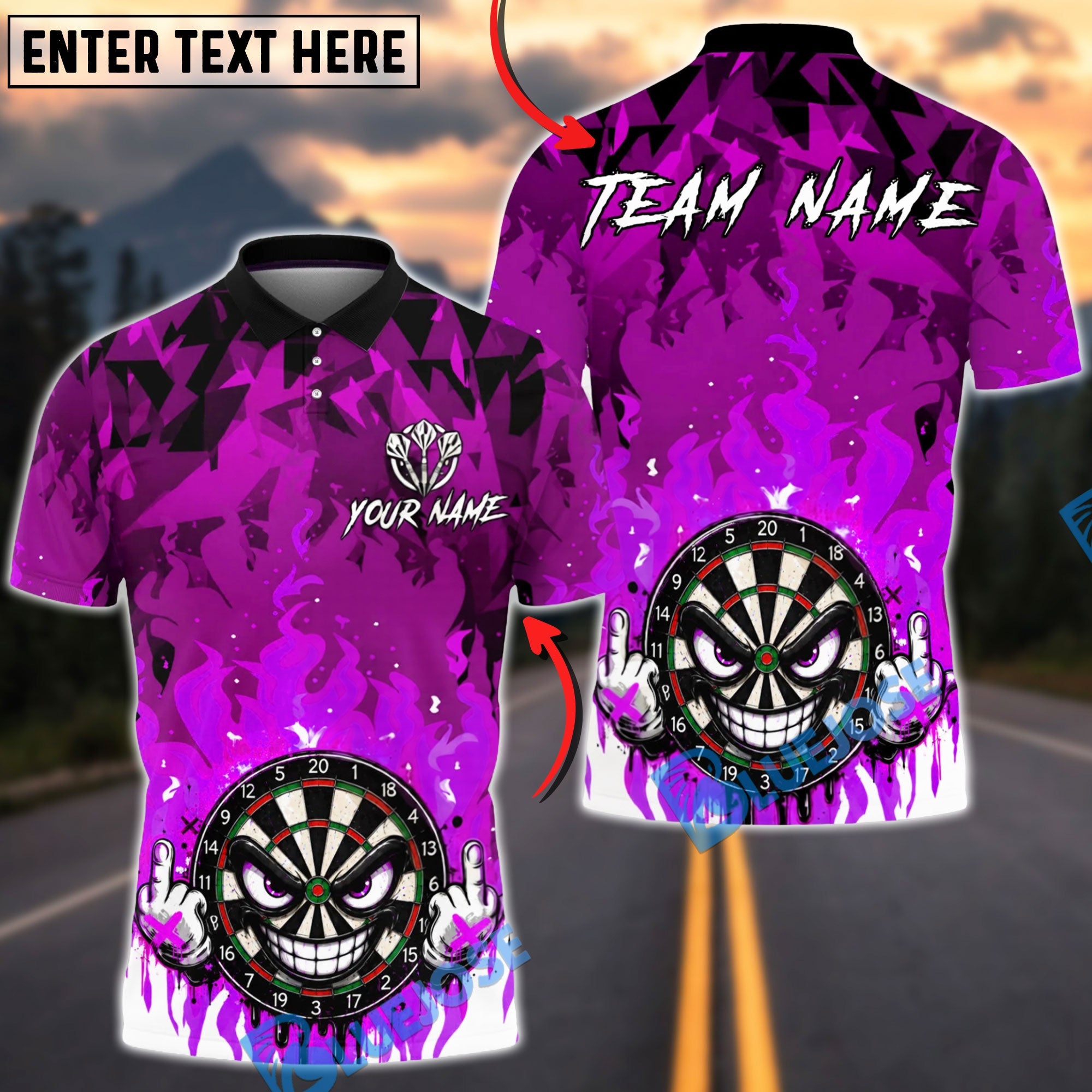 BlueJose Darts Flame Evil Dartboard Personalized Name, Team Name Unisex Shirt (4 Colors)