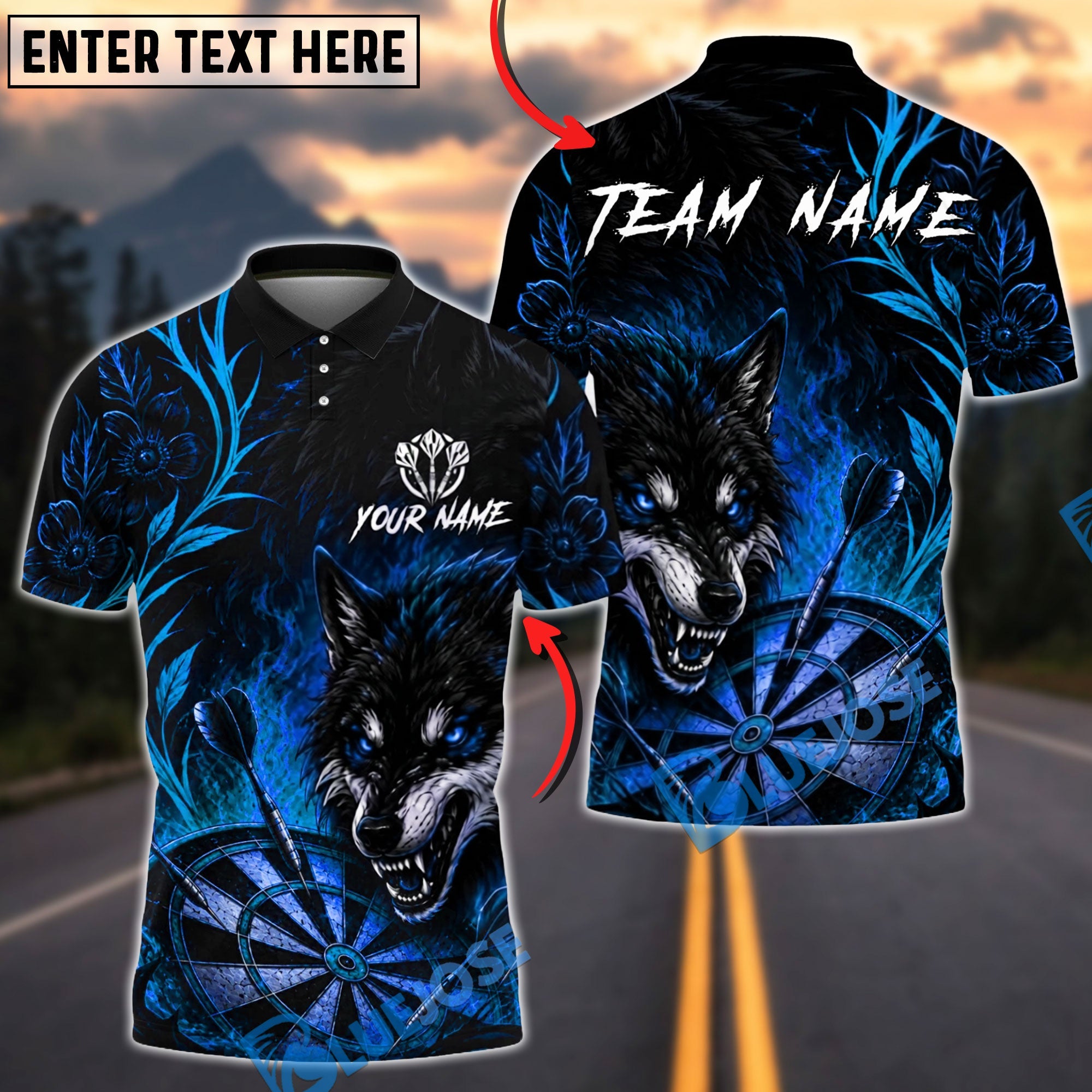 BlueJose Darts Flame Flower Wolf Dartboard Personalized Name, Team Name Unisex Shirt (4 Colors)