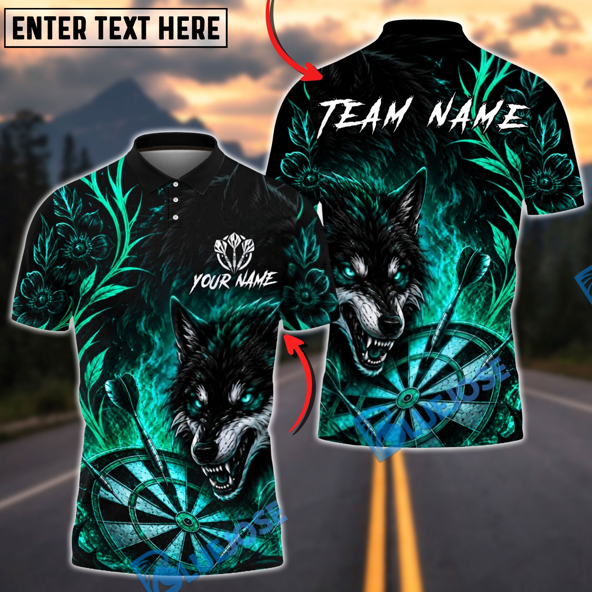 BlueJose Darts Flame Flower Wolf Dartboard Personalized Name, Team Name Unisex Shirt (4 Colors)