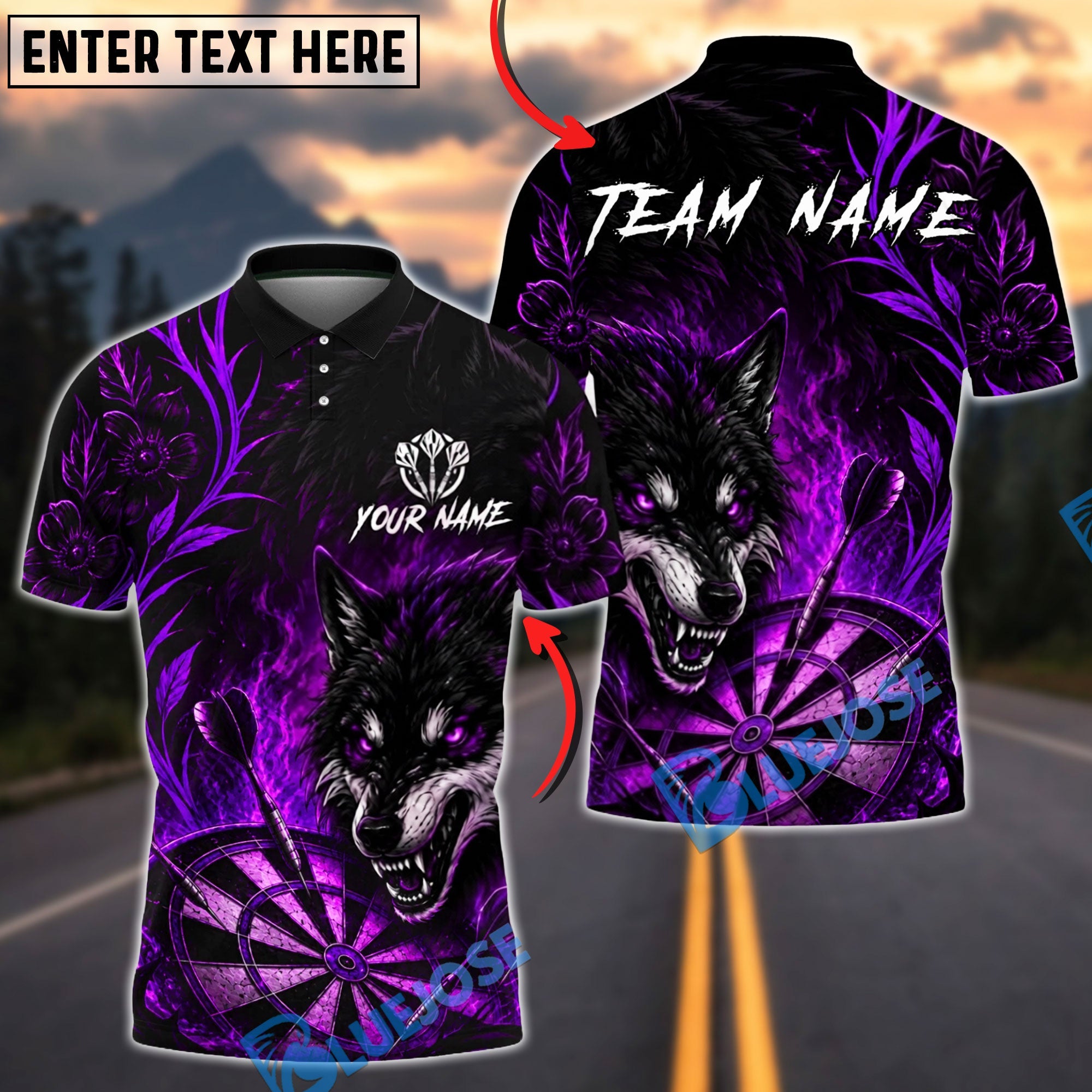 BlueJose Darts Flame Flower Wolf Dartboard Personalized Name, Team Name Unisex Shirt (4 Colors)