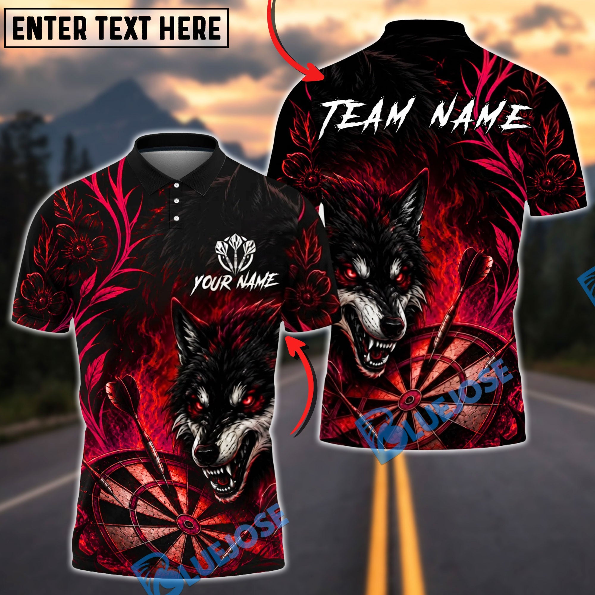 BlueJose Darts Flame Flower Wolf Dartboard Personalized Name, Team Name Unisex Shirt (4 Colors)