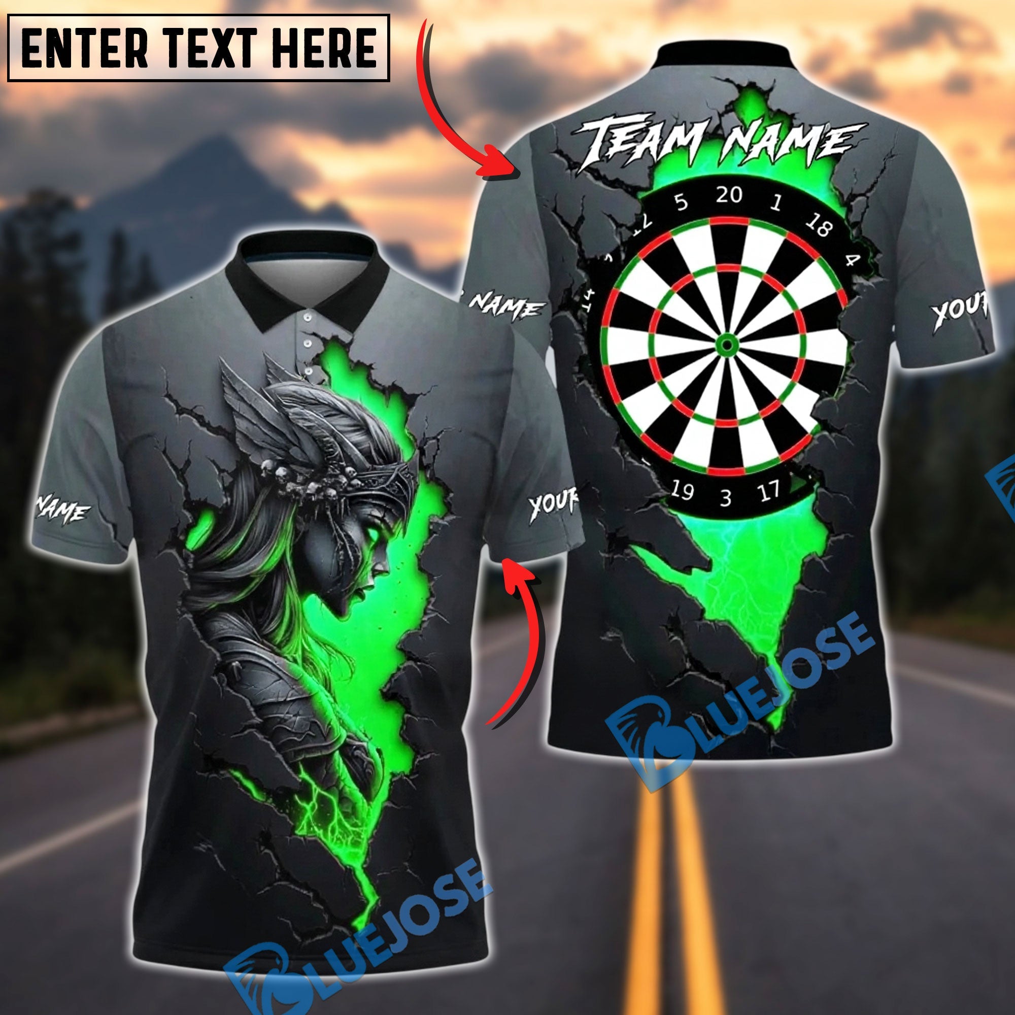 BlueJose Darts Dartboard Fire Valkyrie Cracked Lava Stone Personalized Name, Team Name Unisex Shirt (4 Colors)