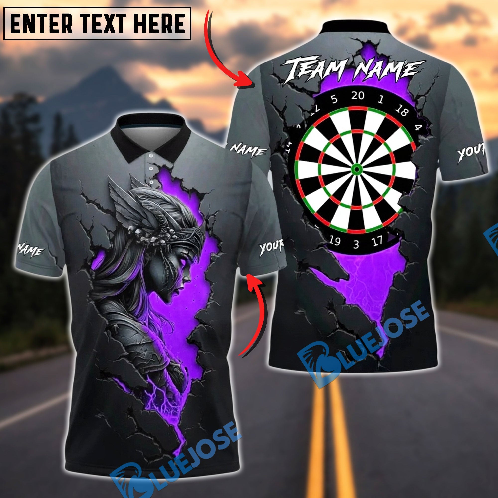 BlueJose Darts Dartboard Fire Valkyrie Cracked Lava Stone Personalized Name, Team Name Unisex Shirt (4 Colors)