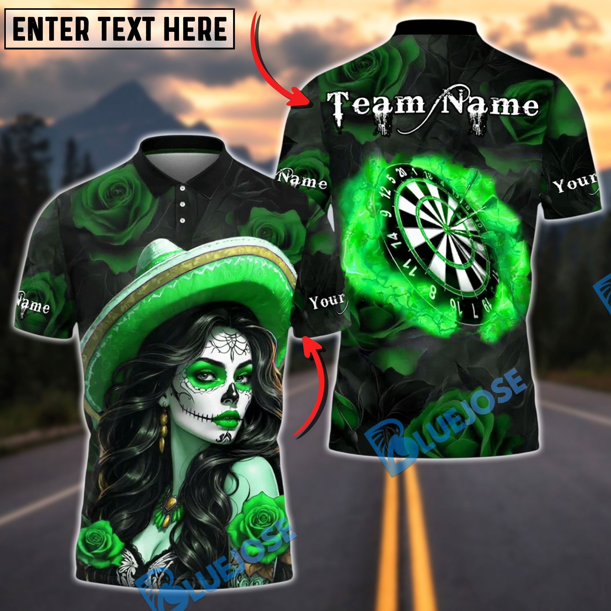 BlueJose Darts Dartboard Day of the Dead Girl Roses Skull Art Personalized Name, Team Name Unisex Shirt (6 Colors)